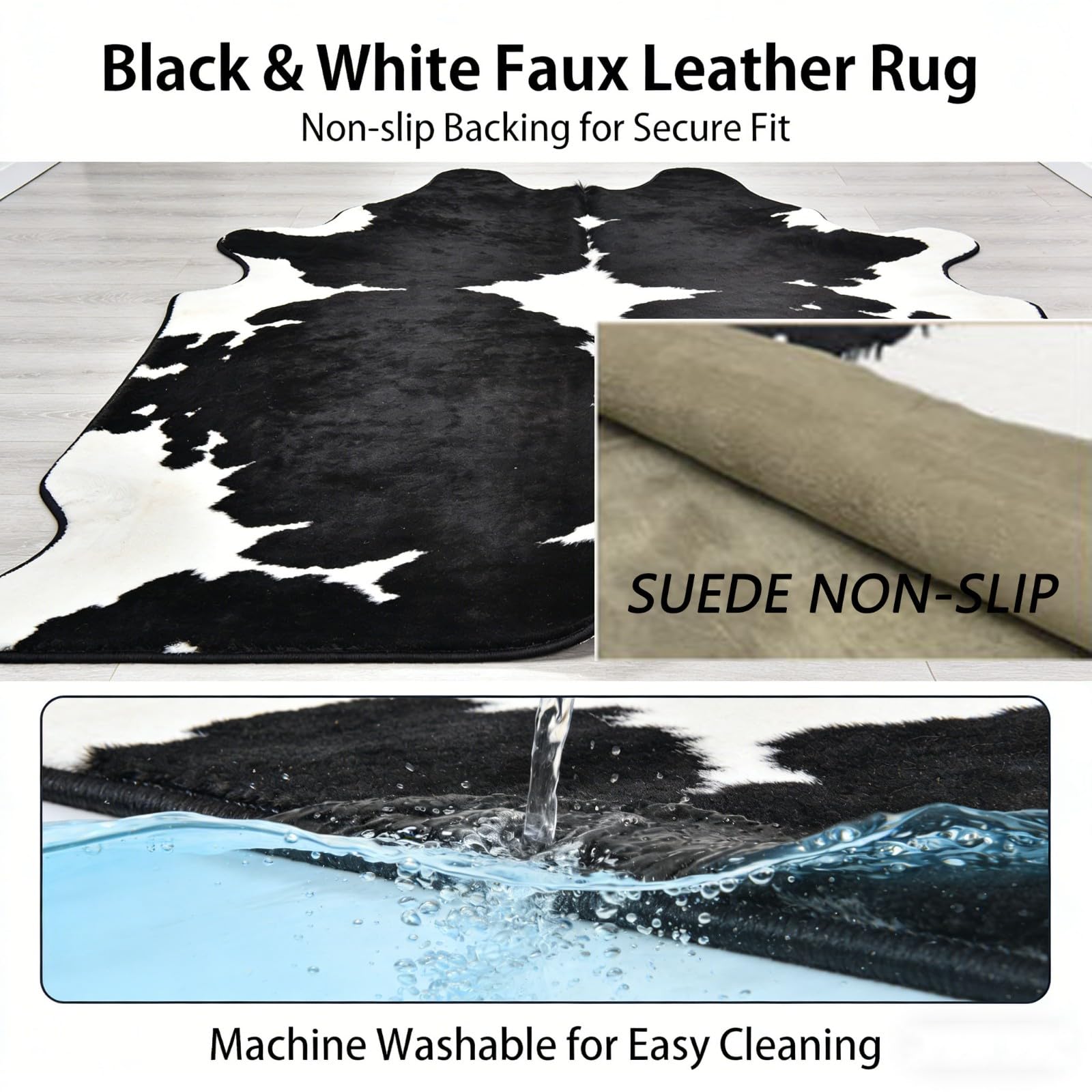 Pelliccia Sintetica Bianco e Nero Tappeto - Finta Mucca Short Pile Tappeto per Salotto Camera da Letto, 200x140cm, Black White tappeti