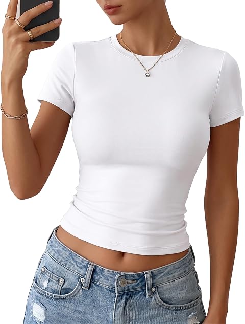TNNZEET Basic Tees for Women Slim Fit Short Sleeve Tshirts Casual Clothes | Crewneck Crop, Soft Stretchy, Workout & Gym& Daily Wear, Fashion Clothing for Y2k Going Out, Compression Cute Summer Outfits