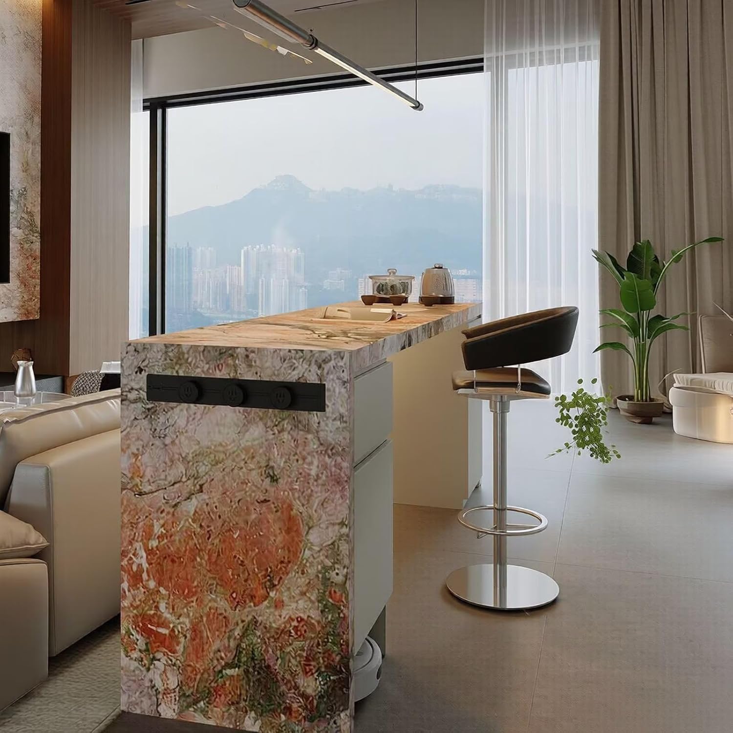 Bar Table - High Top Bar Table with Marble Look Top, Luxurious Living Room Tall Island Counter Includes Power Sockets for Living Room (80IN No Chairs)