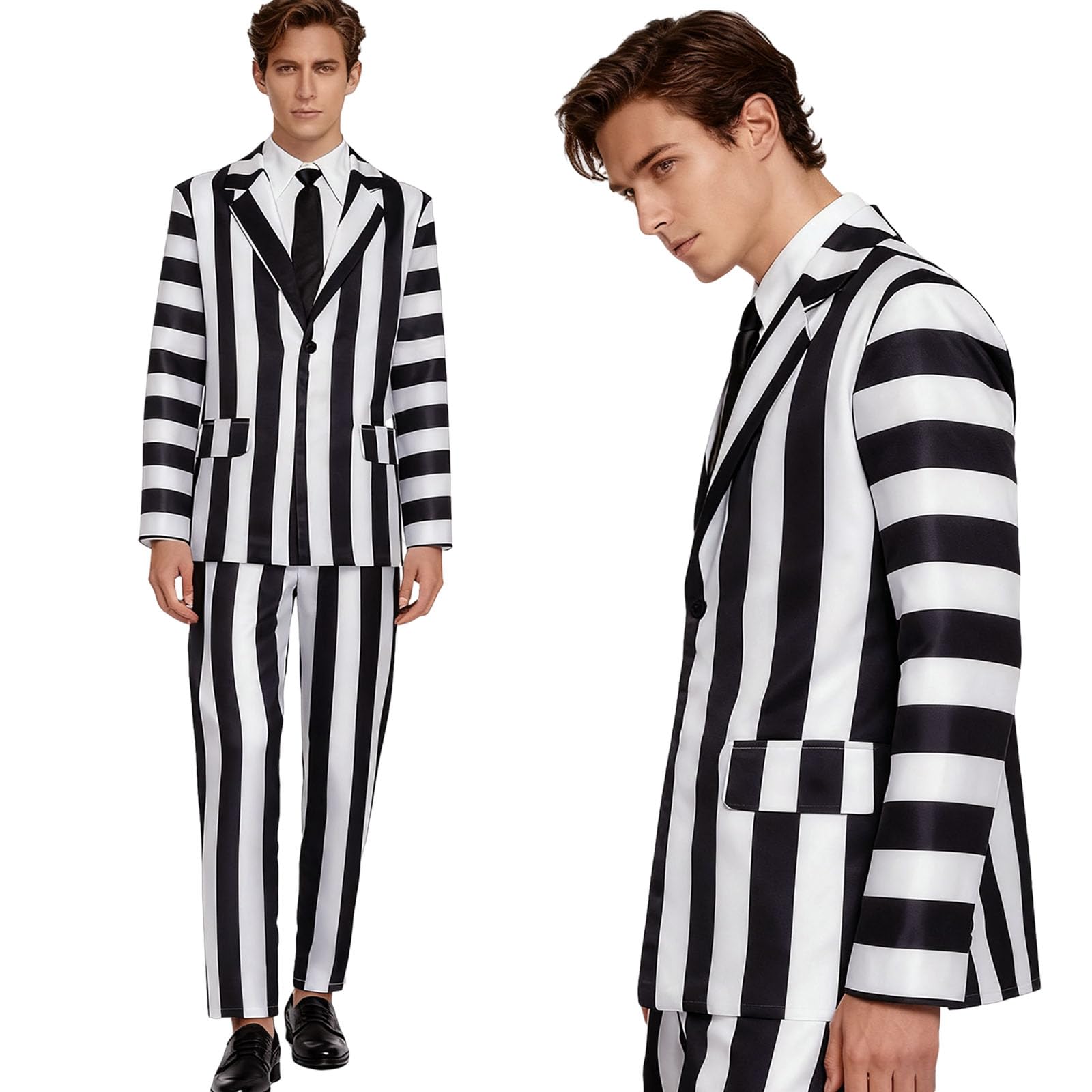 Completo a righe bianche e nere da uomo, costume da film spettrale per Halloween, commedia, cosplay, giacca e pantaloni
