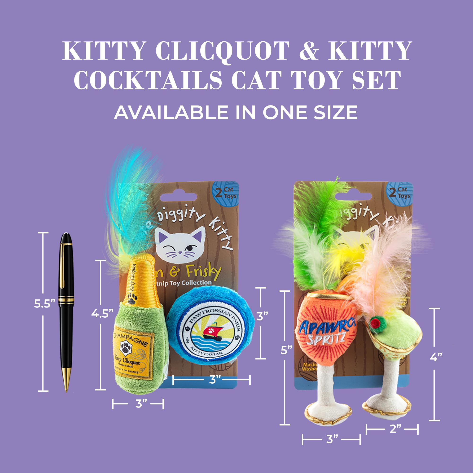 Haute Diggity Kitty Clicquot Champagne & Caviar + Kitty Cocktails Apawrol Spritz & Cattini Set de juguetes de peluche para gatos rellenos de hierba gatera con sonido crujido interactivo, juguetes