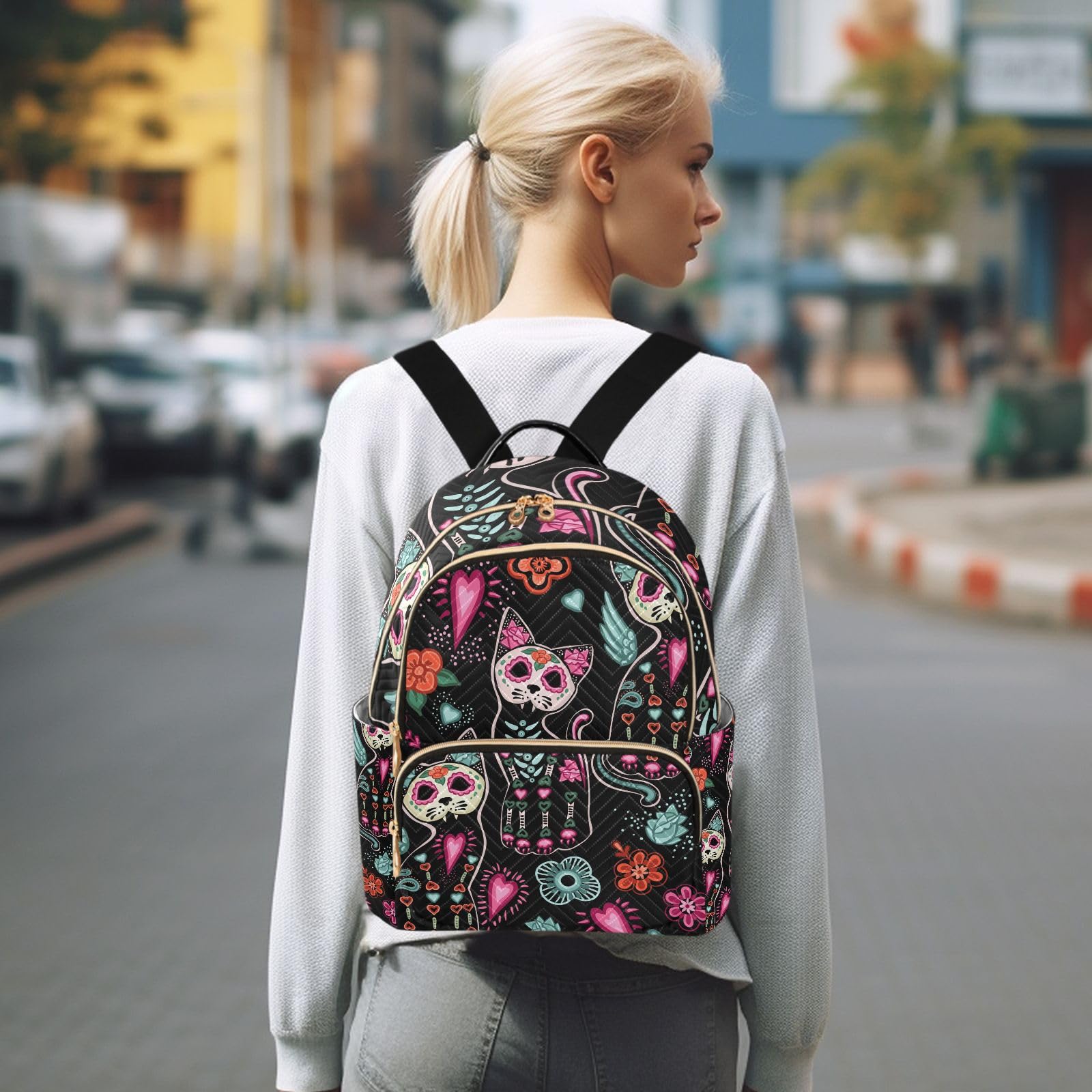 ALAZA Small Backpack Purse Dead Cat Sugar Skull Quilted Backpack for Women Girls Teen Fashion Daypack Ladies Bookbag Work Travel Daily Rucksack