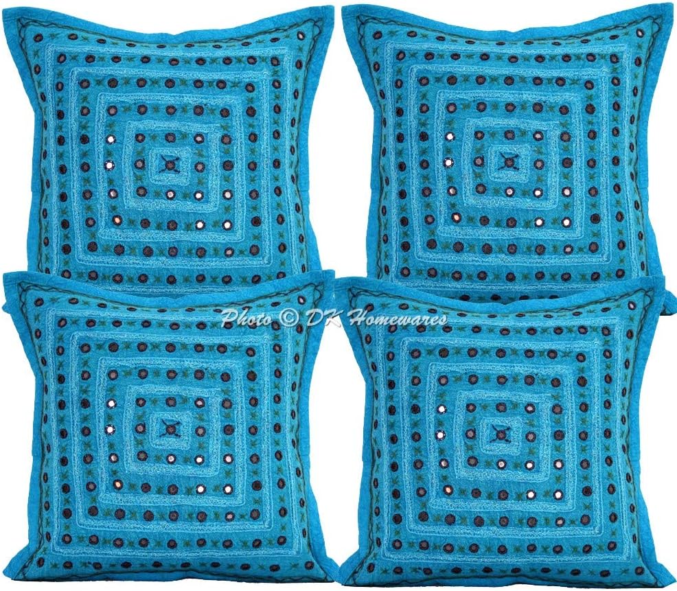 Indian Decorative Sofa Throw Pillowcases 16x16 Inch Cotton Mirrored Embroidered Bohemian Square Couch Cushion Covers (Size - 40x40 cm ; Color: Turquoise) - Set of 4 Pcs (Cover Only)