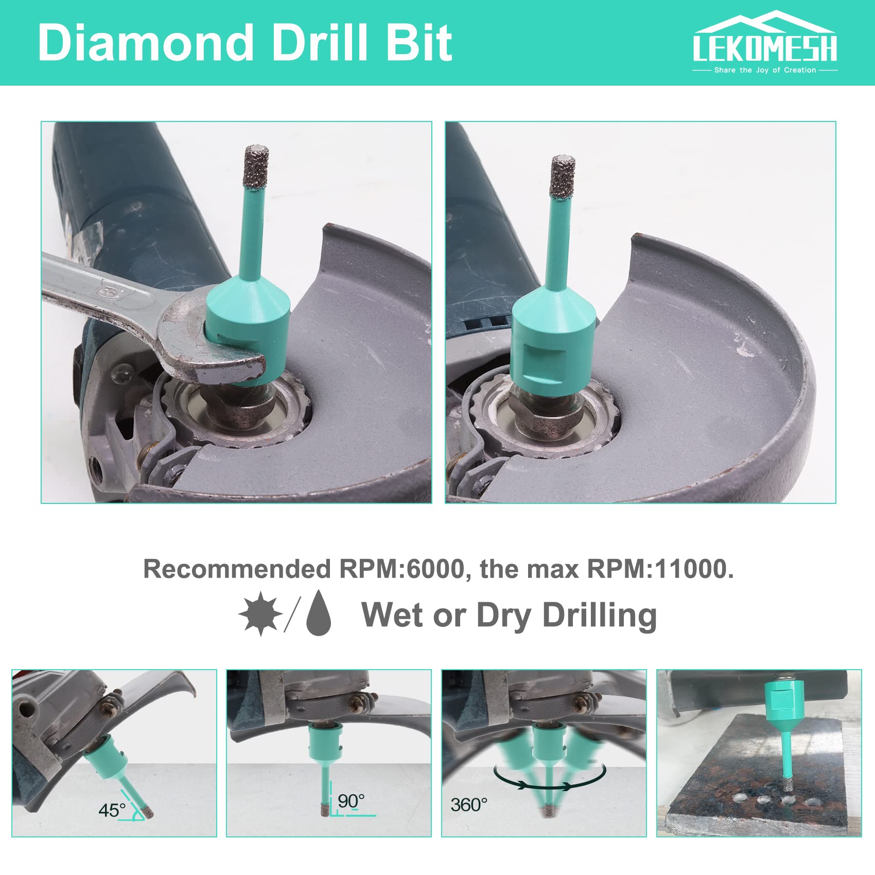 LEKOMESH Diamantboorkroonkit, 8-delig (6/6/20/25/35/50 mm 50 mm fasenfrees adapter), gatenzaag voor porselein, keramiek, tegels, marmer, graniet, steen, kwarts
