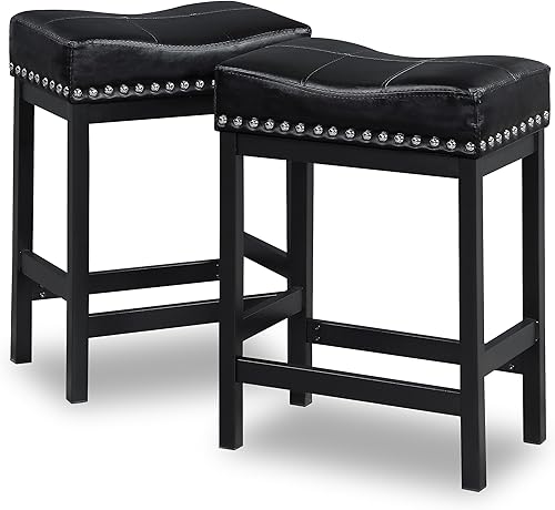 OUllUO Juego de 2 taburetes de bar negros, taburetes de bar de altura de mostrador, taburetes de silla de montar de piel sintética con marco de