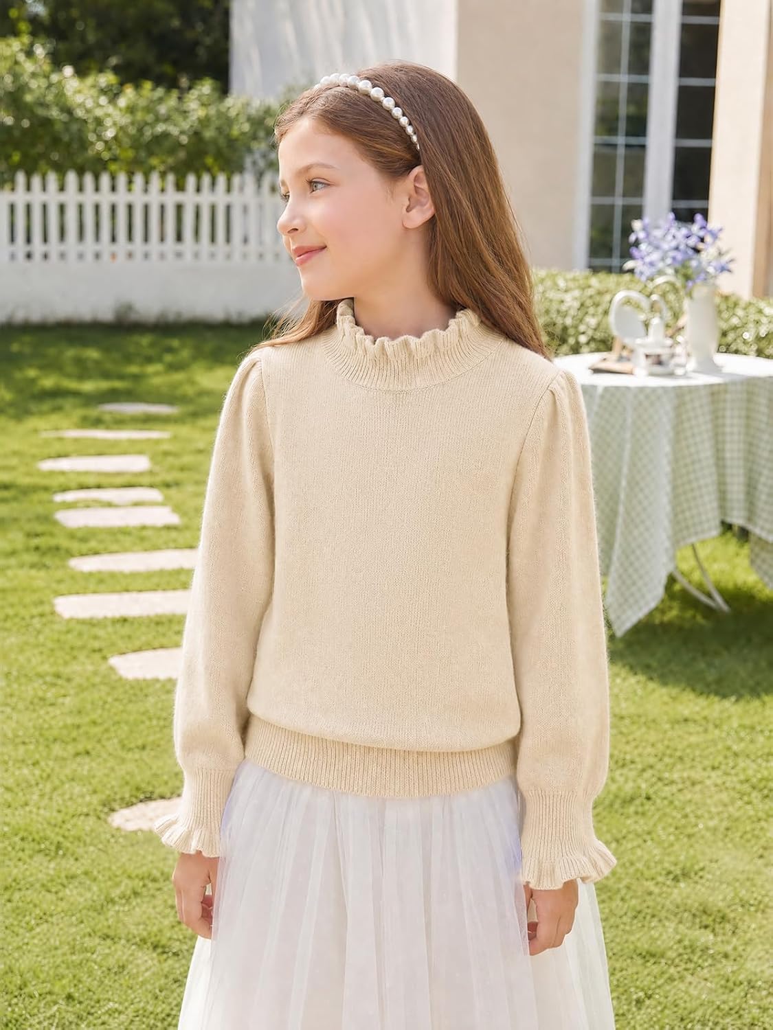 Haloumoning Girls Ruffle Mock Neck Sweater Long Sleeve Cute Knit Pullover