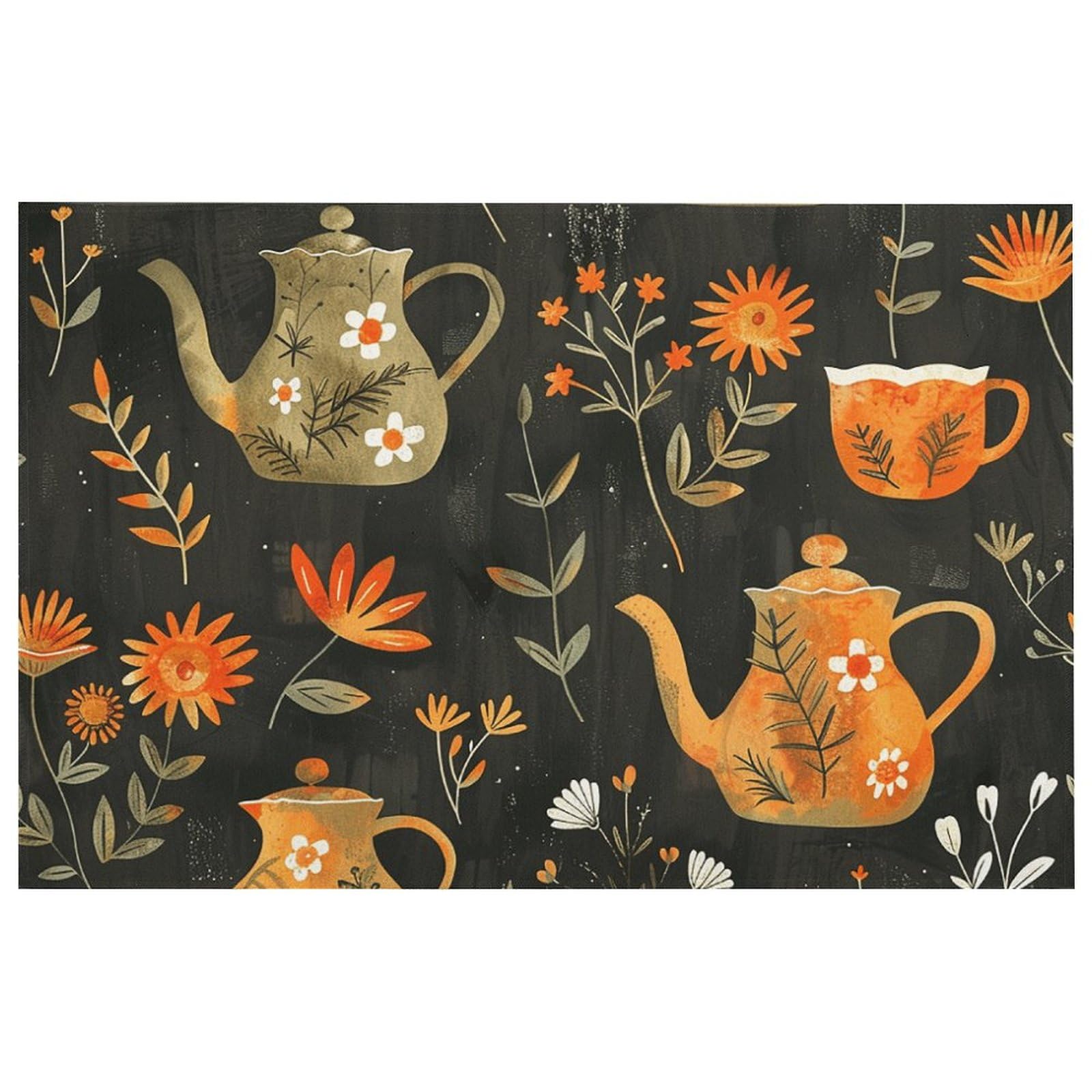 Tapis de sol moderne 60x40 cm plantes et théière pour entrée et cuisine