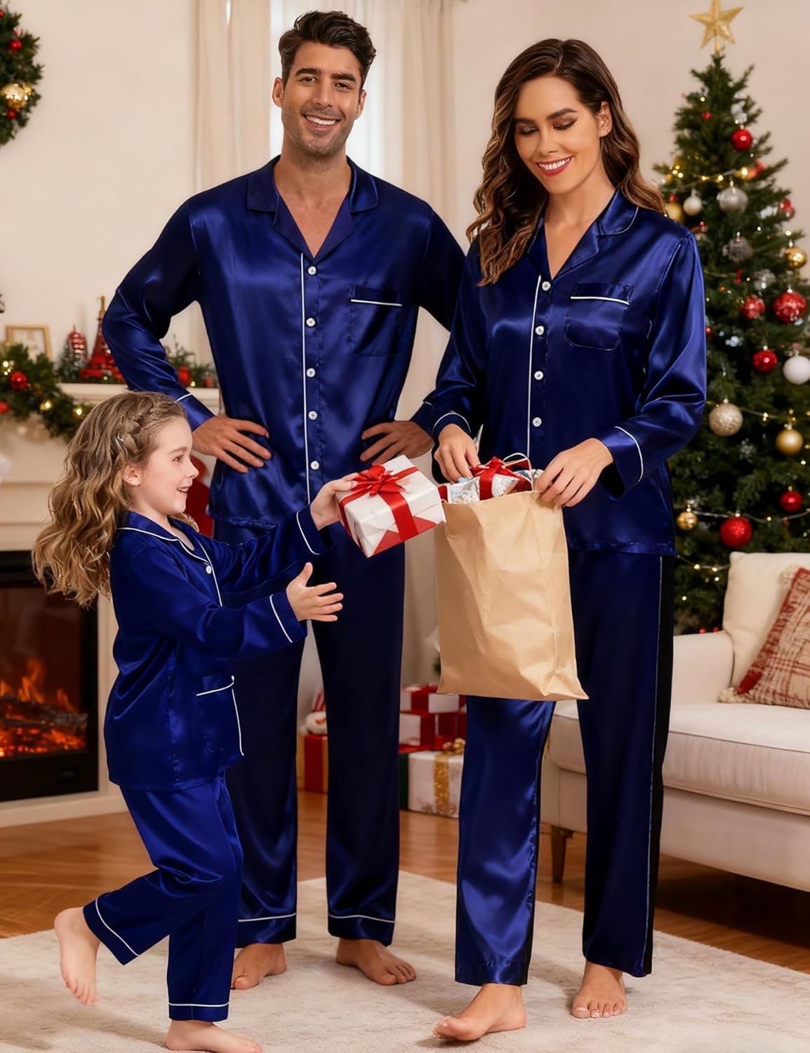 SWOMOG Couples Satin Pajamas Set Womens Matching Silk Long Sleeve Sleepwear 2 Piece Button Down Pjs Set Lounge Set Deep Navy Blue - Image 4