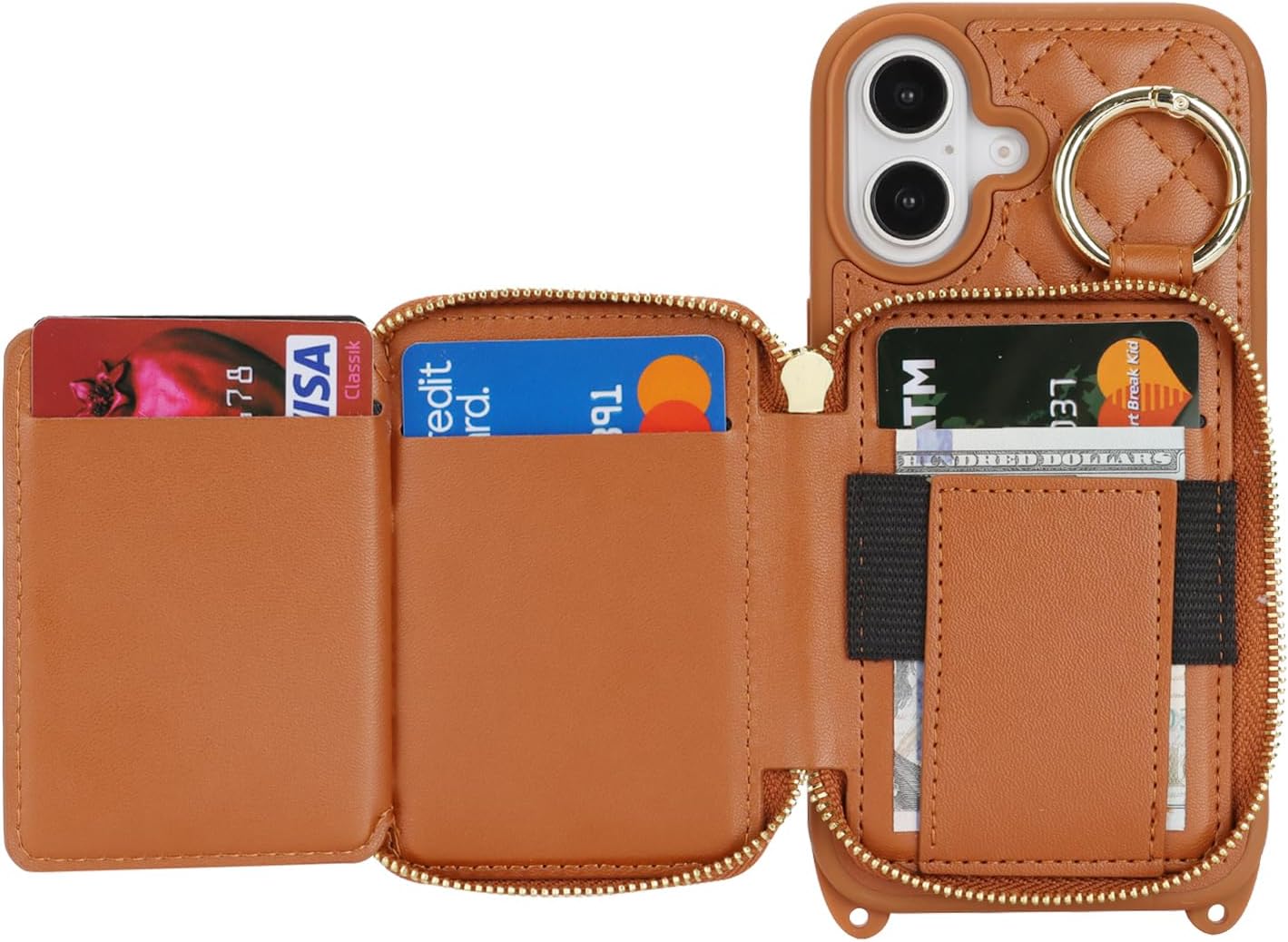 Crossbody Wallet Case for iPhone 16, PU Leather Zipper Handbag Purse Flip Cover, Kickstand Folio Case with Card Slots Holder Wrist Strap Lanyard 5G 6.1 Inch-Brown
