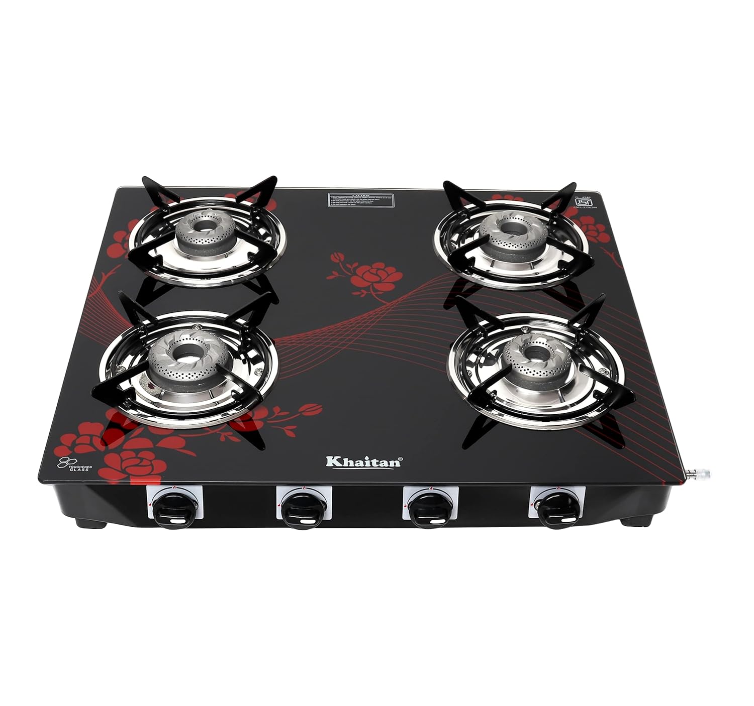 Khaitan 4 Burner Active Red Toughened Glass LPG Gas Cooktop, Manual Ignition Gas Stove