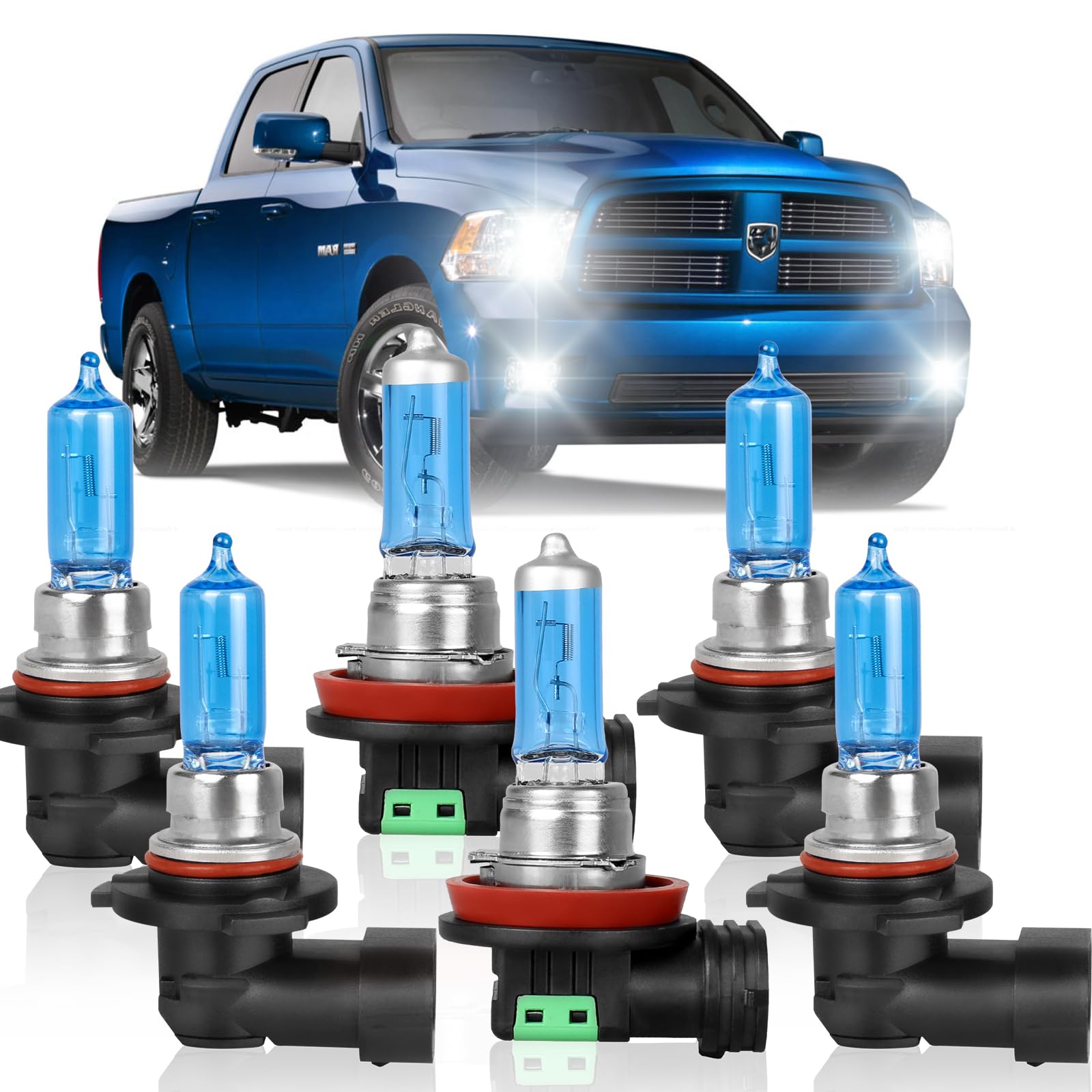 HMCYCI Fit For DODGE RAM 1500 2500 3500 4-Headlamps (2009-2018) High Performance Halogen Headlight Bulbs: 9005 High Beam & H11 Low Beam & 9145/H10 Fog