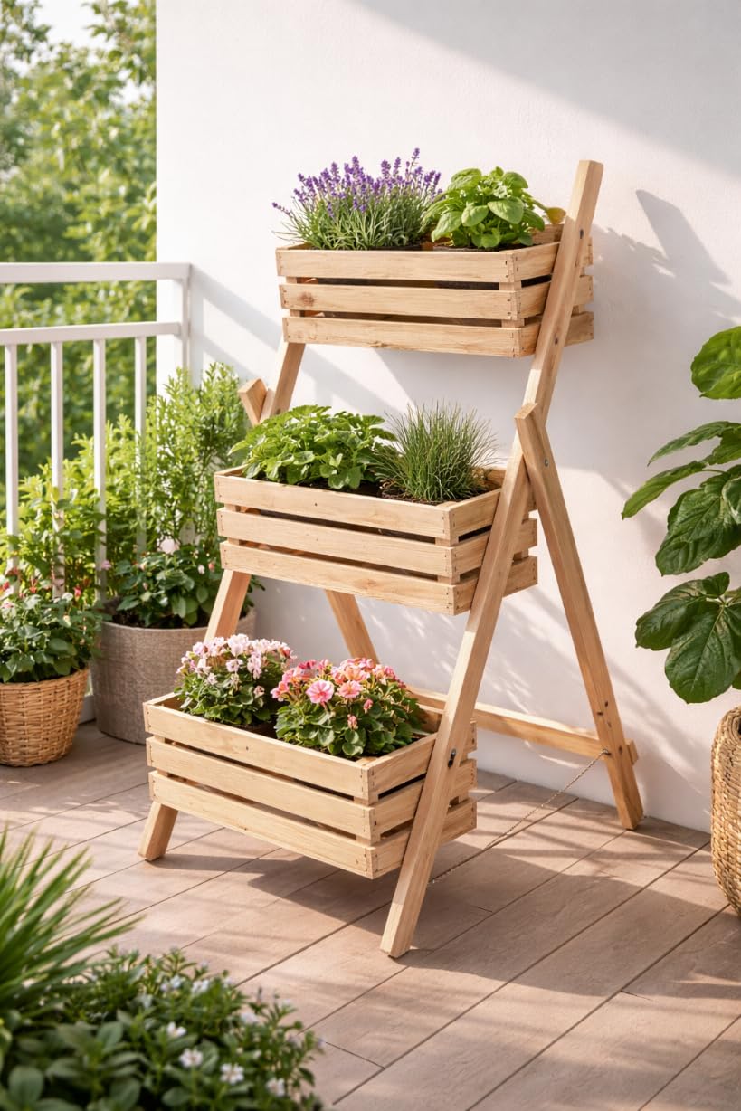 MG Design Support Plantes en Bois 80 x 130 cm – étagère à Plantes 3 Niveaux, adapté pour bac 60 cm, pour Fleurs, Herbes et légumes, jardinière Verticale pour Jardin et terrasse