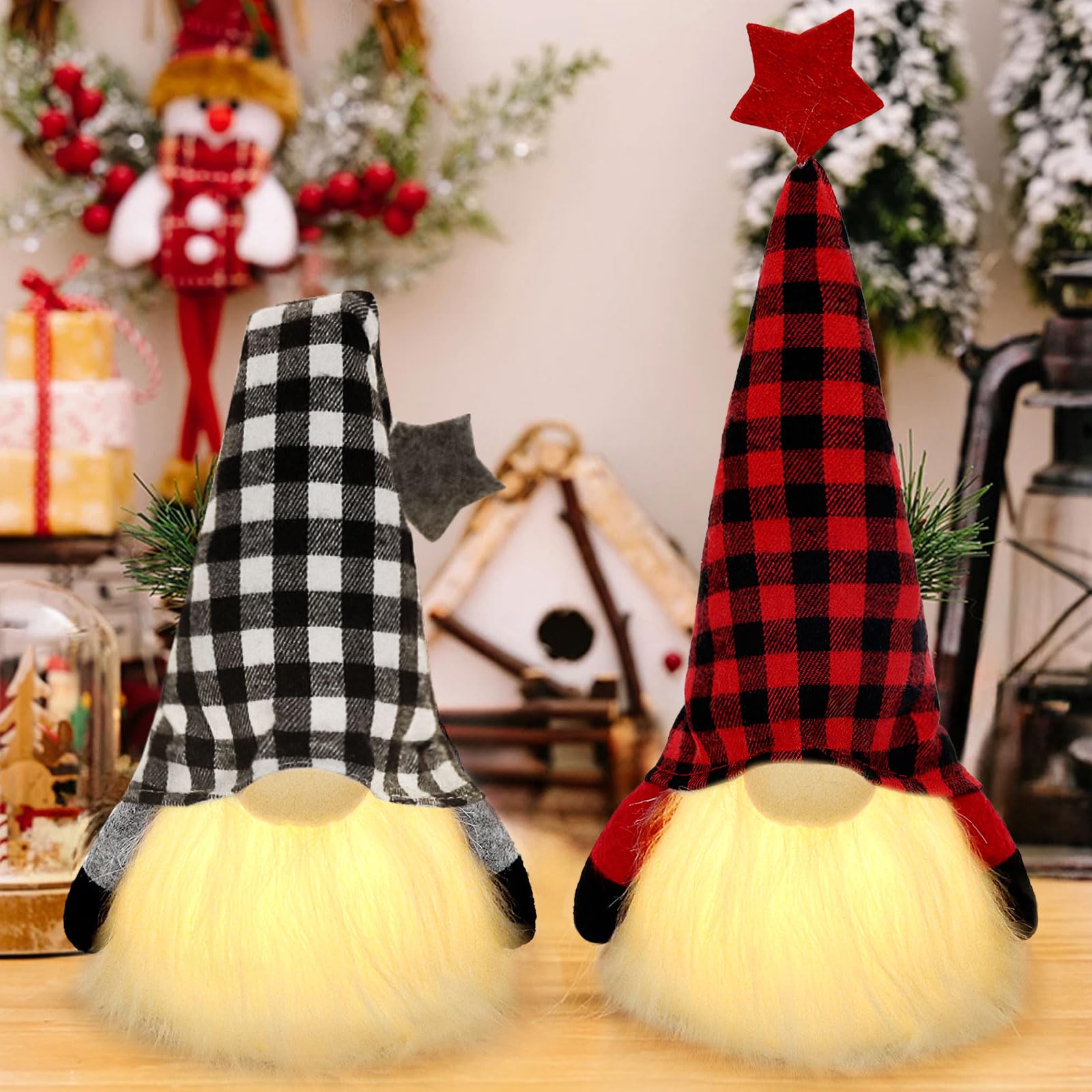 Vautvis Gnomo Muñecos de Navidad 2 Piezas, Decoraciones de Gnomos Navideños, Figuras de Duende Enano de Navidad Gonk, Muñecos De Navidad Decoracion con Luces, Adorno de Mesa navideño
