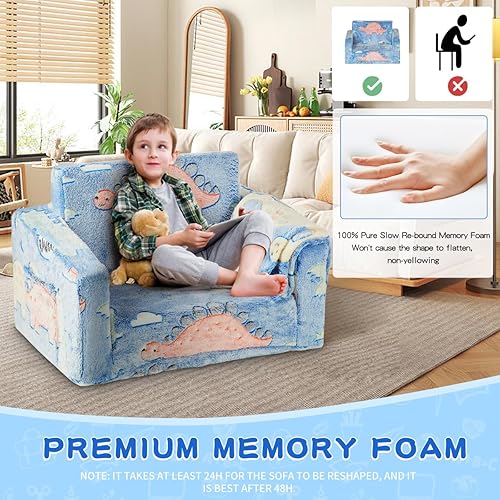 Miniatura 4 de JINHILL Sofá para niños, silla infantil 2 en 1, sofá plegable para jugar, para niños y niñas, silla de felpa extrasuave y cama (dinosaurio)