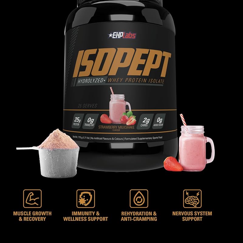 IsoPept Hydrolyzed Whey Protein Powder by EHPlabs - 100% Whey Protein Isolate & Hydrolysate, 27g of Protein, Non-GMO, Gluten Free, Fast Absorbing, Easy Digesting, 27 Serves (Strawberry Milkshake) image 4