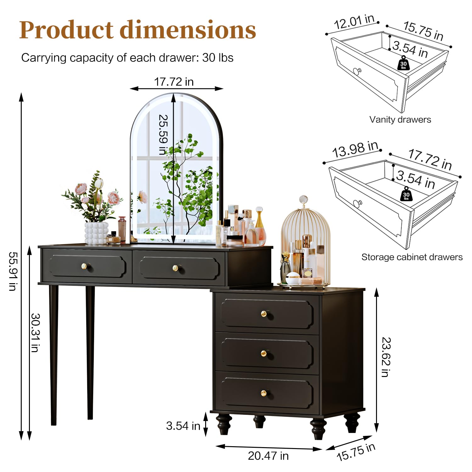 Escritorio negro con espejo y luces, tocador de maquillaje con toma de corriente y gabinete ajustable, mesa de maquillaje moderna con 3 cajones para dormitorio sala de maquillaje 5