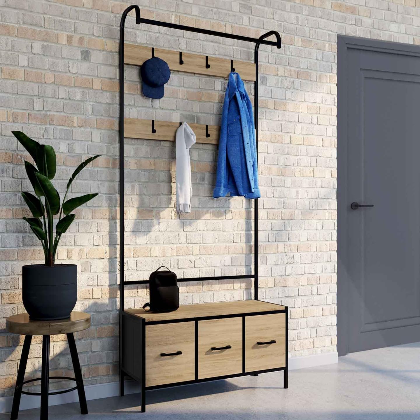 IDMarket - Vestiaire d'entrée Utah avec Banc et 3 tiroirs en Tissu Design Industriel