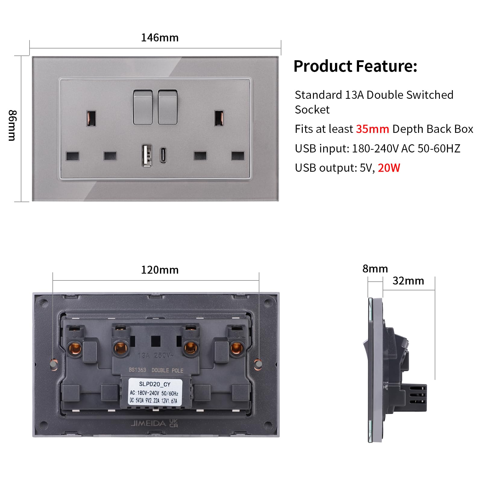JIMEIDA 5 Pack 20W Grey Double Switched Socket Fast Charging 13 Amp with USB A and USB C Charging Ports Crystal Glass Panel Wall Outlet,250V - Image 2