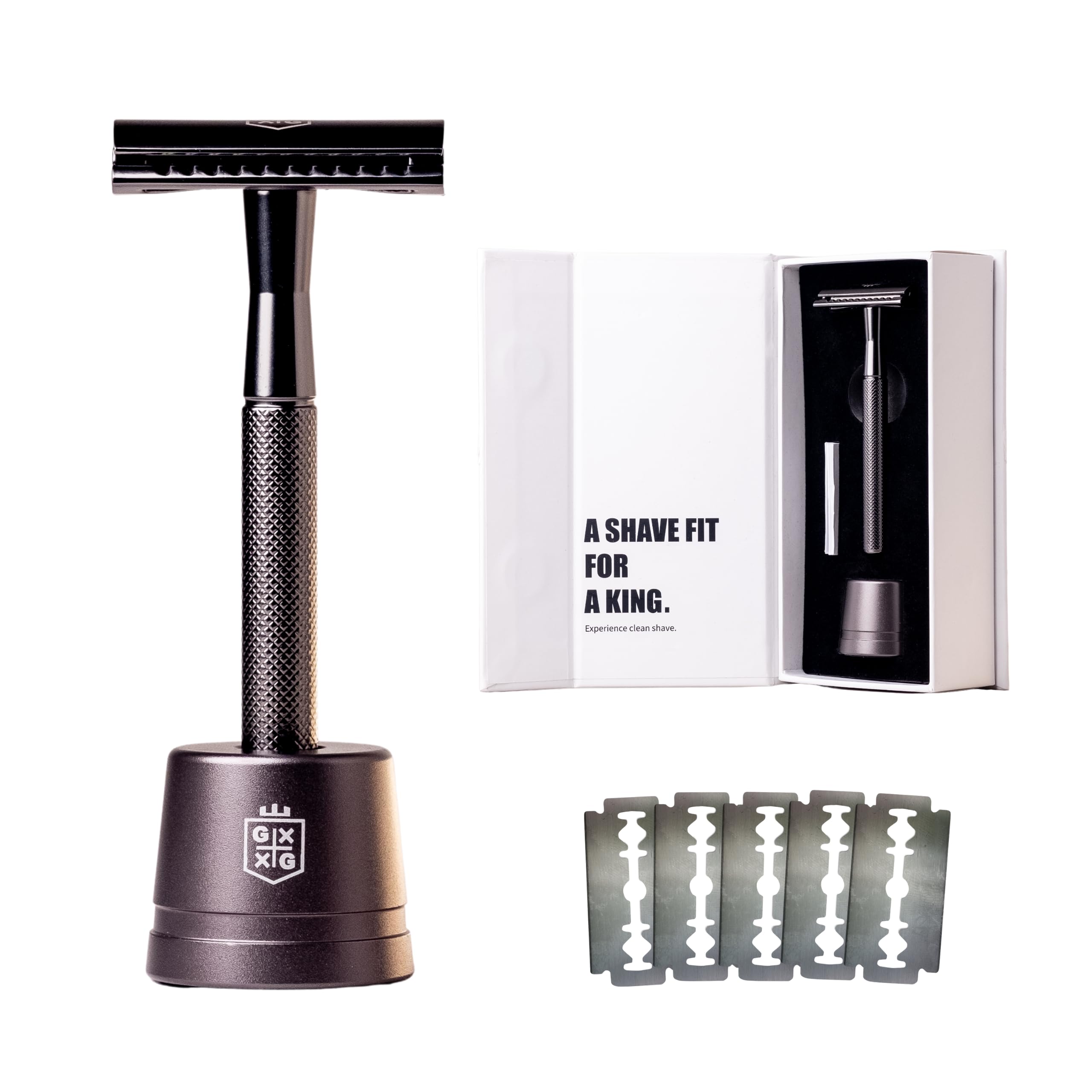 The Excalibur Premium Double-Edge Safety Razor for Men, with 5 Platinum Coated Double Edge Safety Blades and Stand - Perfect Shave