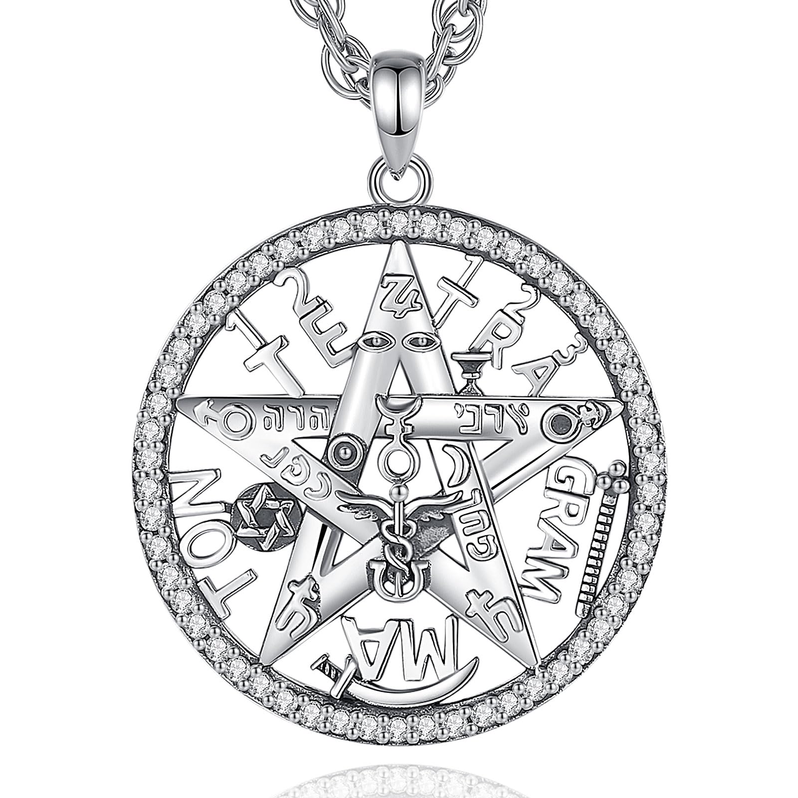 AEONSLOVECollar Tetragramaton Plata de Ley 925 para Hombre Mujer Colgante Pentagrama Wicca con 5 Fuerzas Elementales Joyas Brujería con Ópalo Azul Amuleto Protección