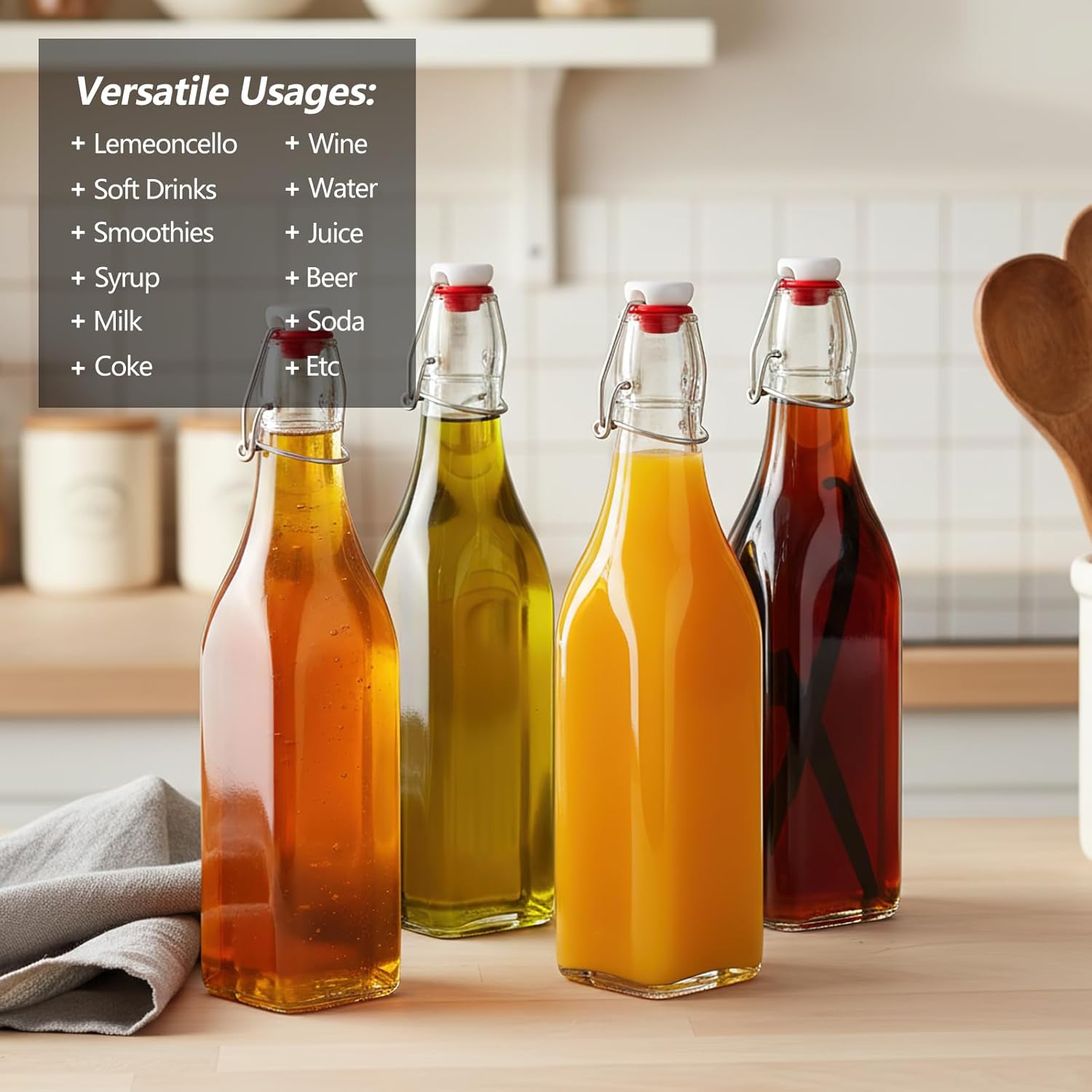 Ruckae Square Swing Top Glass Bottles with Lids Kombucha Coquito Flip Top Glass Bottle for Syrup Vanilla Extract Brew Beer Kefir Air Tight Bottles for Gift (16 oz 8 pack)