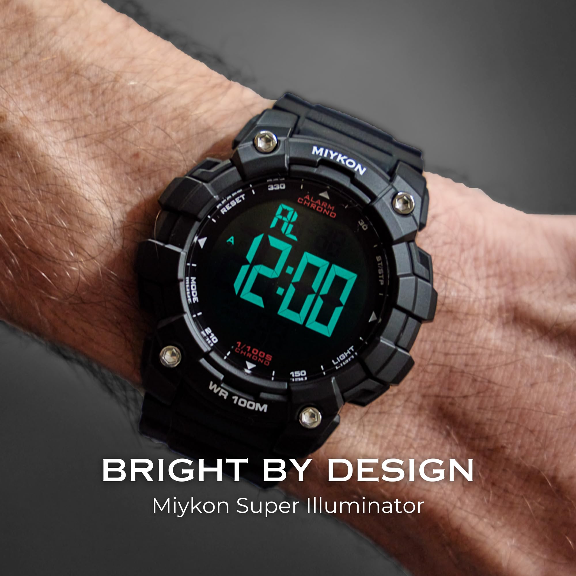 Miykon Montre militaire pour homme – Montre tactique à grand écran construite avec de la résine résistante aux chocs, étanche à 100 m, super illuminateur, chronomètre, alarme, double heure, heure