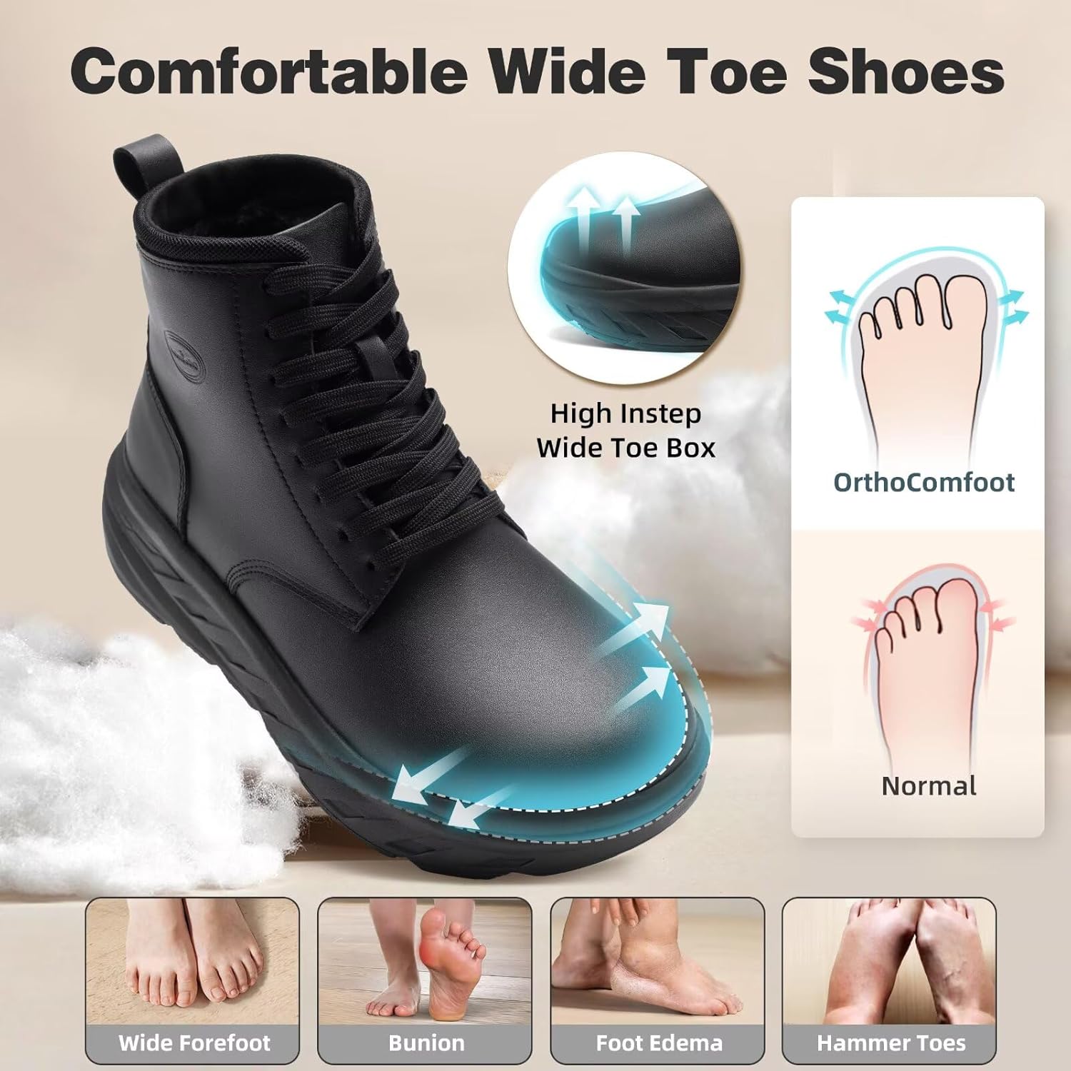 Women's Orthopedic Diabetic Winter Boots: Wide Toe Box Comfortable Arch Support Plantar Fasciitis Walking Leather Oxfords Shoes, Casual Warm Snow Mid Ankle Boots for Neuropathy and Heel Pain Relief - Image 2