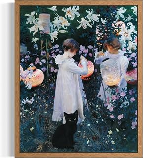 Carnation, Lily, Rose and Black Cat - John Singer Sargent Poster Framed Art Print, Funny Humor Restroom Painting Bathroom Bath Shower Wall Art Decor Artwork A2 (Carnation, Lily, Rose and Black Cat - John Singer Sargent, 14"L x 11"W, Wood Frame)