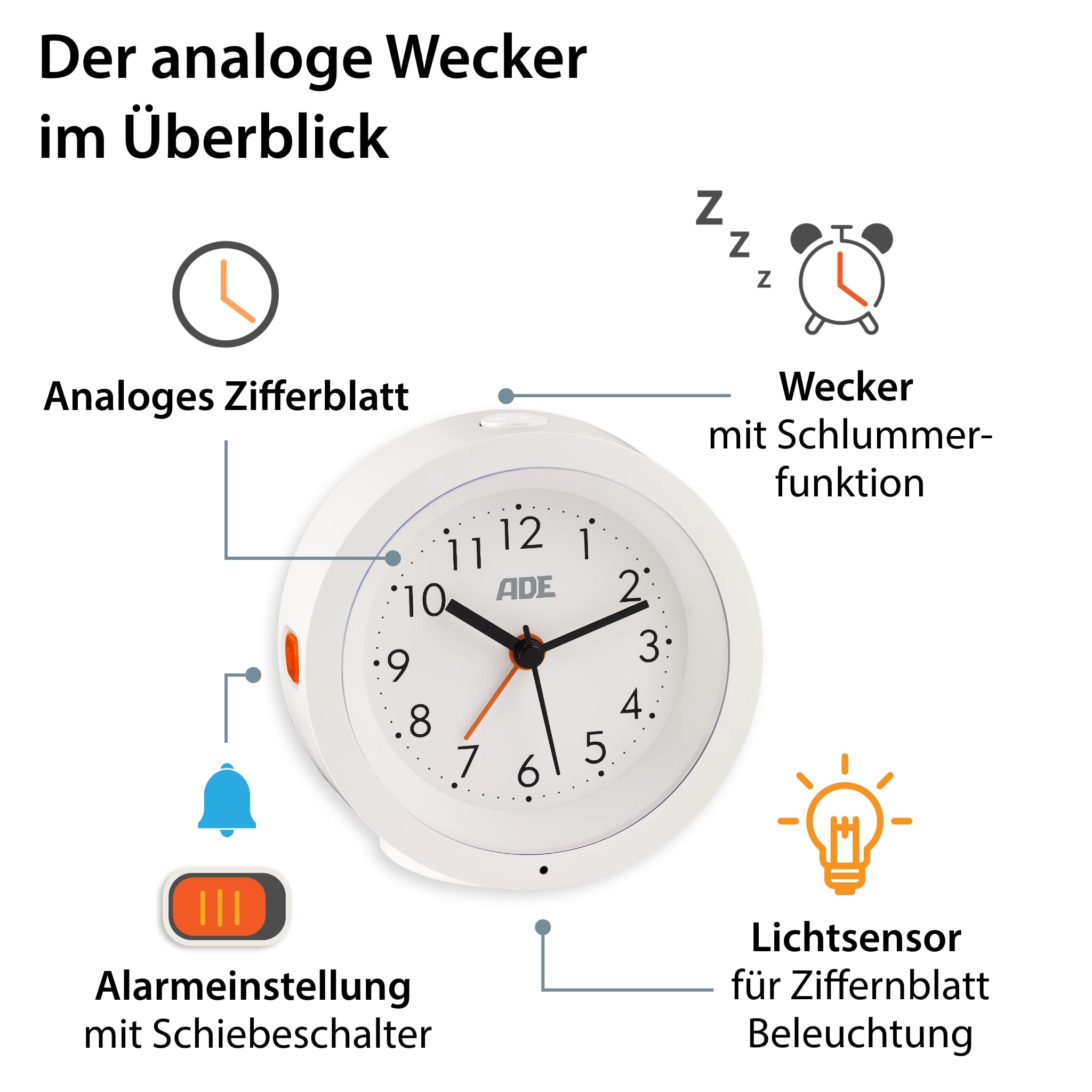 ADE Analoger Wecker mit ansprechendem Design | Wecker mit Licht, Schlummerfunktion | lautloser Wecker ohne Ticken | batteriebetrieben | weiß