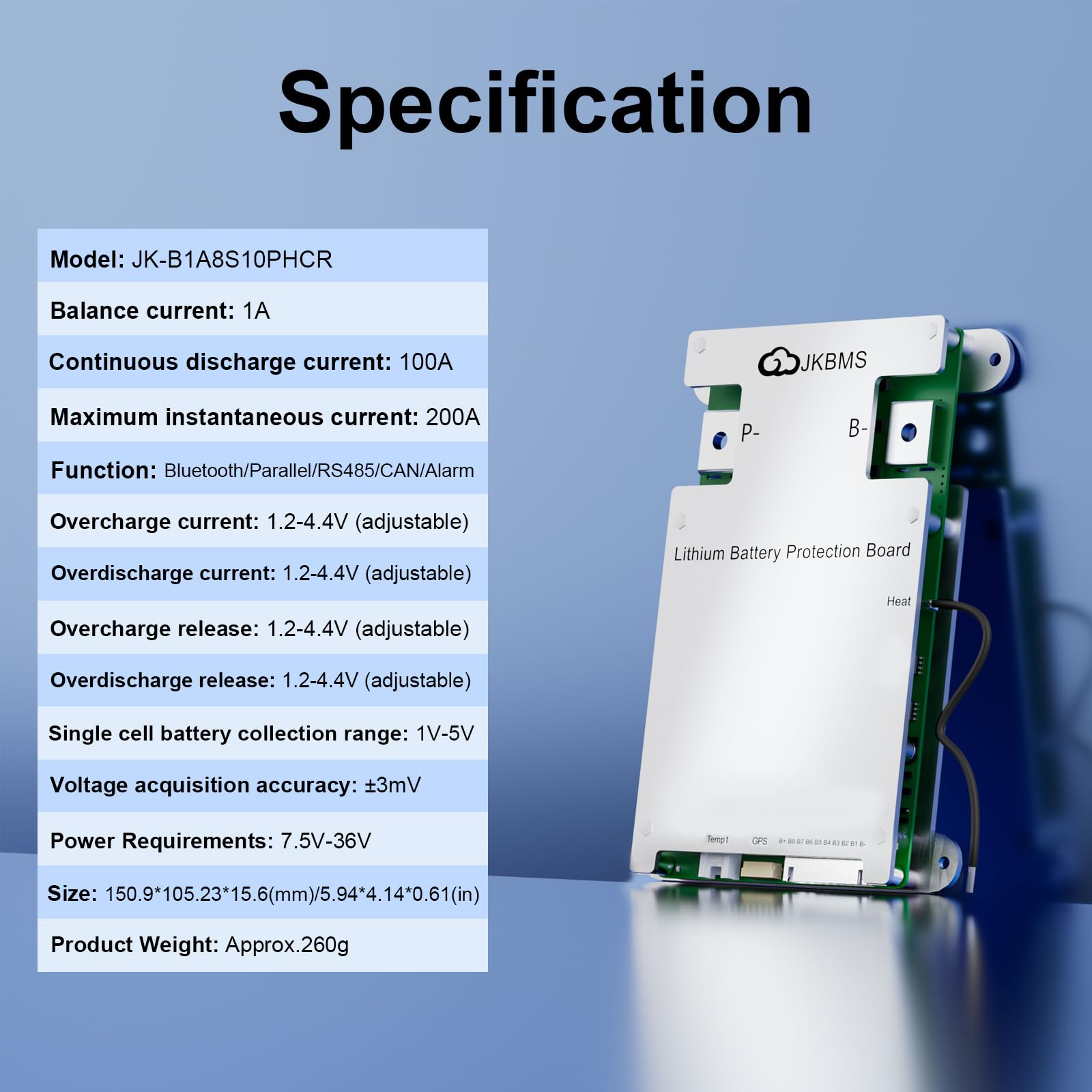 JKBMS Smart BMS 3S-8S 100A do akumulatora LiFePO4 litowo-jonowego LTO, 1 A Active Balancer, Bluetooth, ogrzewanie, CAN, RS485, funkcja równoległa i alarm (JK-B1A8S10P-HCRPB)