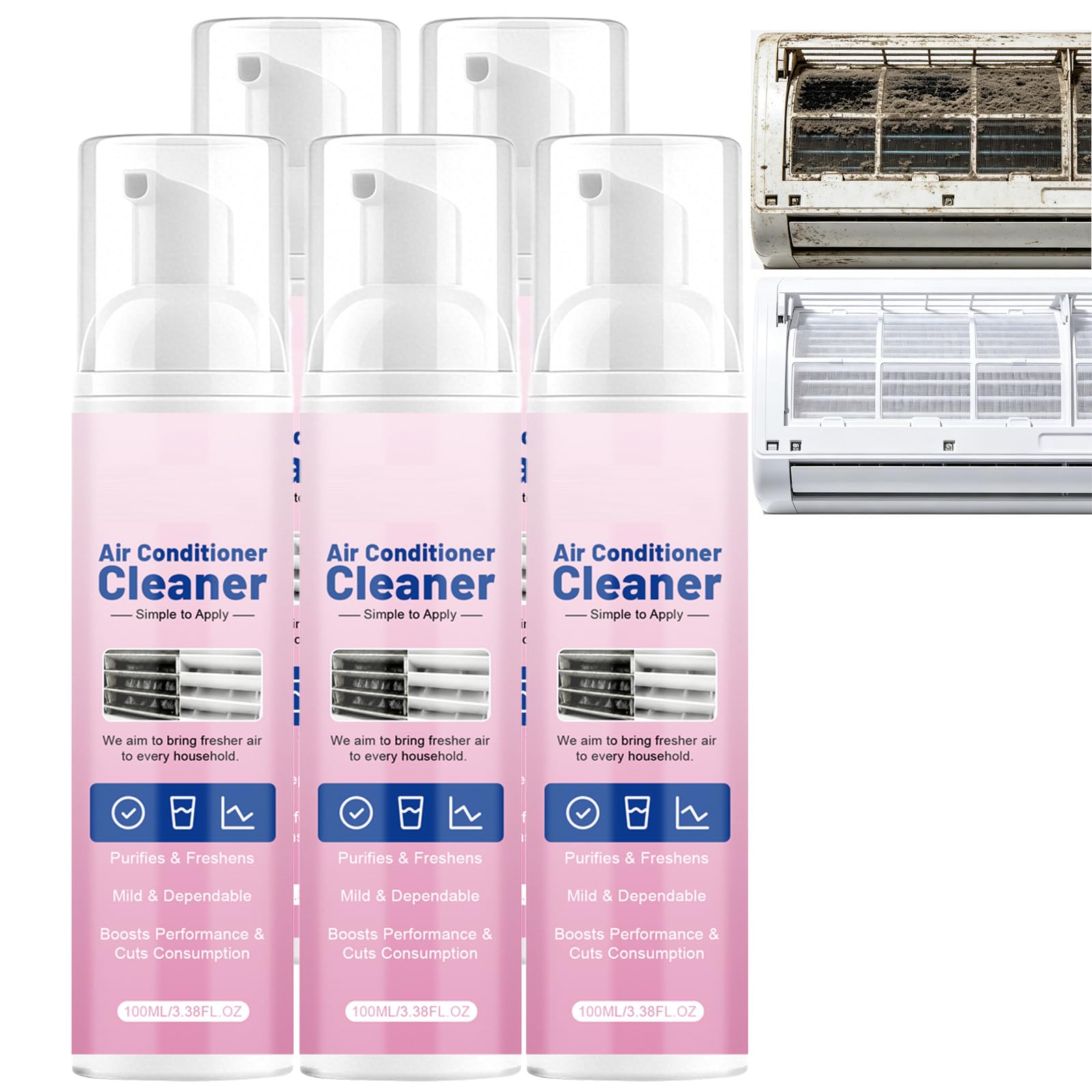 Heavy-Duty Air Conditioner Cleaner Foam, No Rinse Foaming Verdampfer Spule Reiniger, Mehrzweck-AC-Reiniger Schaum für Ac Verdampfer & Kondensator Spule, entfernt Schmutz, Staub und Fett (5PCS)