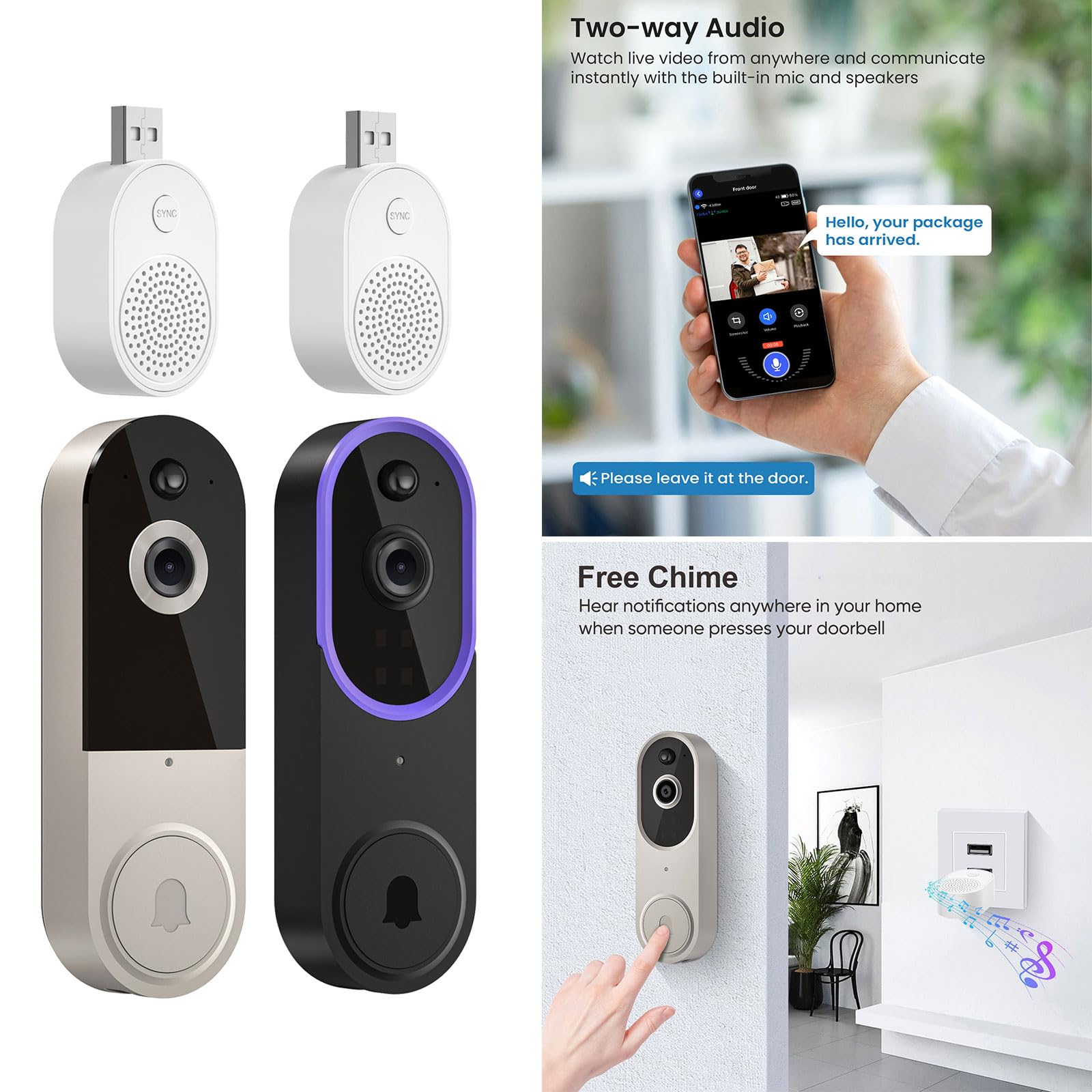 Timbre de video de visibilidad nocturna, sensores de movimiento, alertas resistentes a la intemperie, dispositivo doméstico, alertas en tiempo real, timbre de puerta