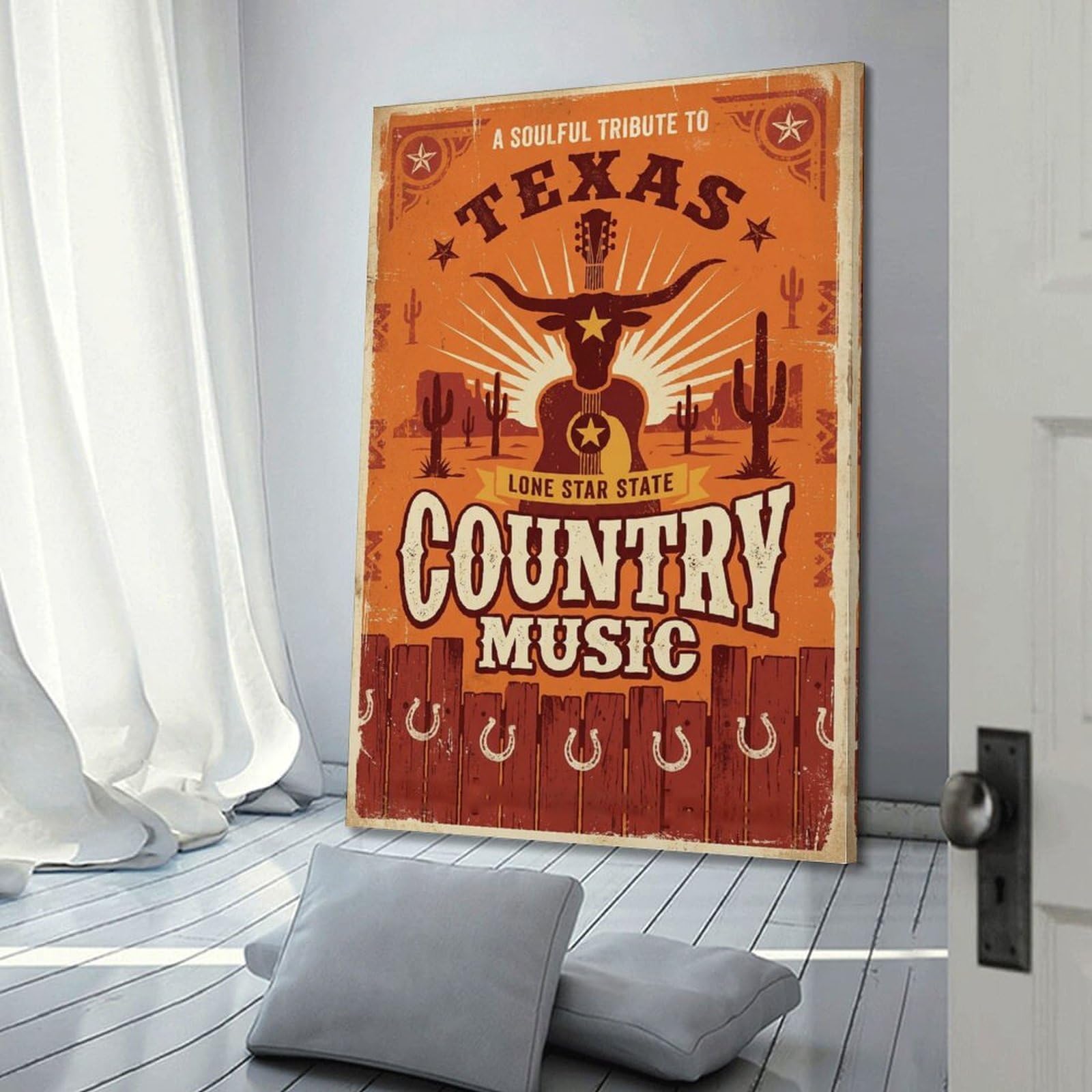 OKNGB Poster decorativo da parete in stile retrò, motivo chitarra western texas, musica country, poster decorativo su tela, poster decorativo moderno per camera da letto, 40 x 60 cm