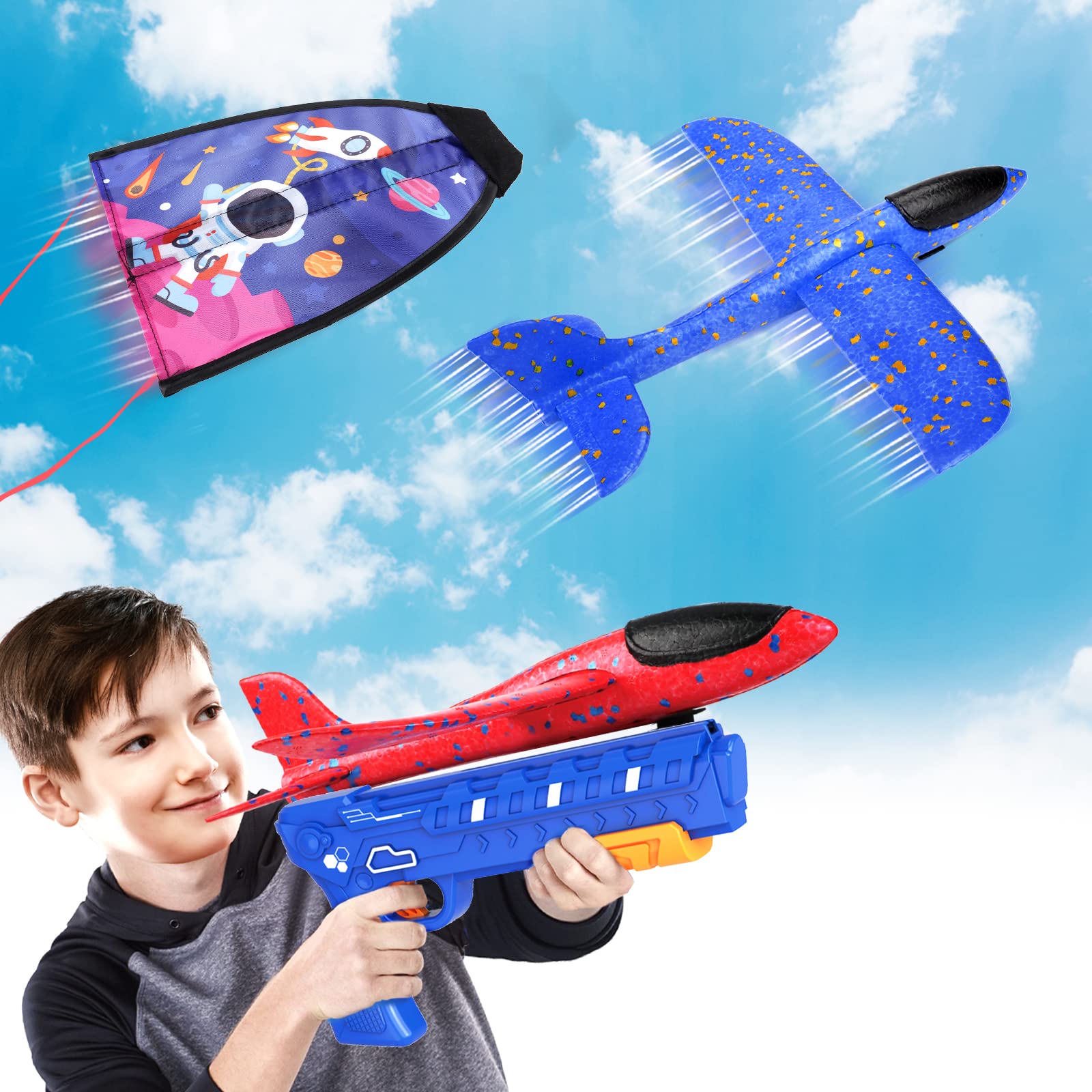 deAO Planes Launcher Toy, Airplane Launcher Toy 3-12 Boys Girls,Foam Throwing Glider Plane with Catapult Gun, 2 Foam Gliding Plane 1 Beach Kite Catapult Gun Toy for Outdoor Game (Kids Edition)