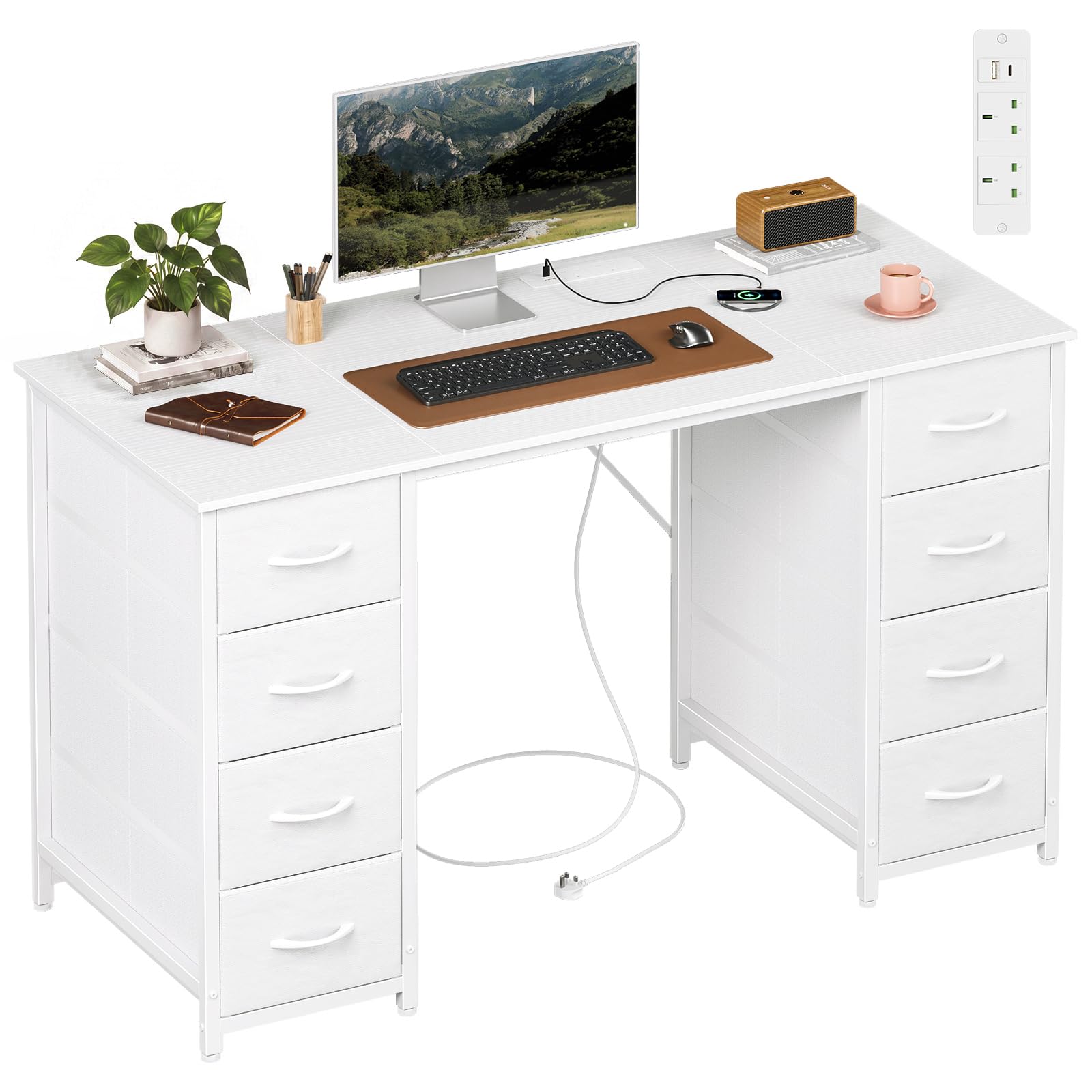 Somdot Computer Desk with 8 Fabric Drawers, Home Office, 120 x 48 cm, White