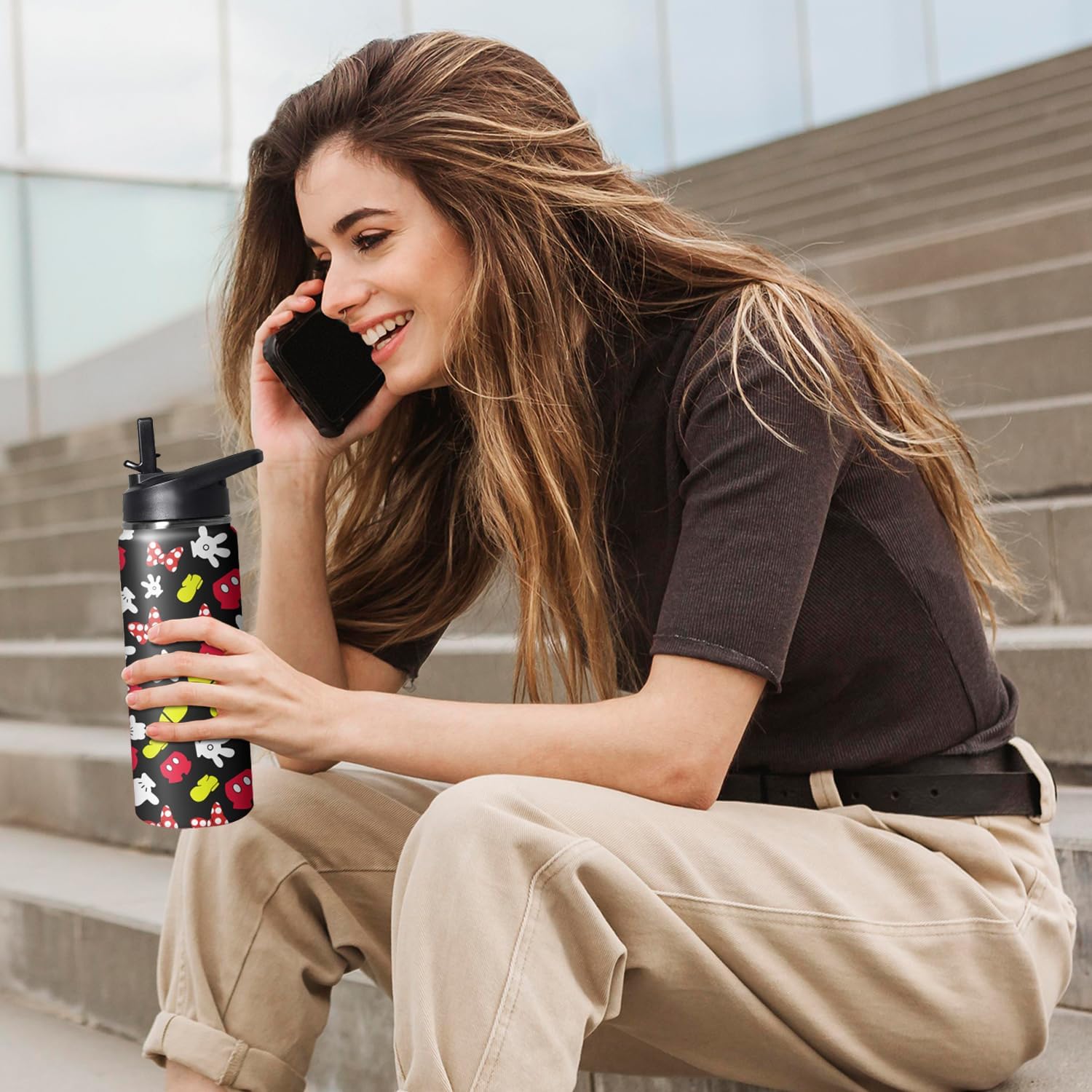 Cute Cartoon Tumbler with Top Handle and Straw Lid Gift for Boys Girls Water Bottle Travel Kettle Cup for Car Cold and Hot Stainless Steel Double Wall Insulated Mug (mouse, 18oz) - Image 5