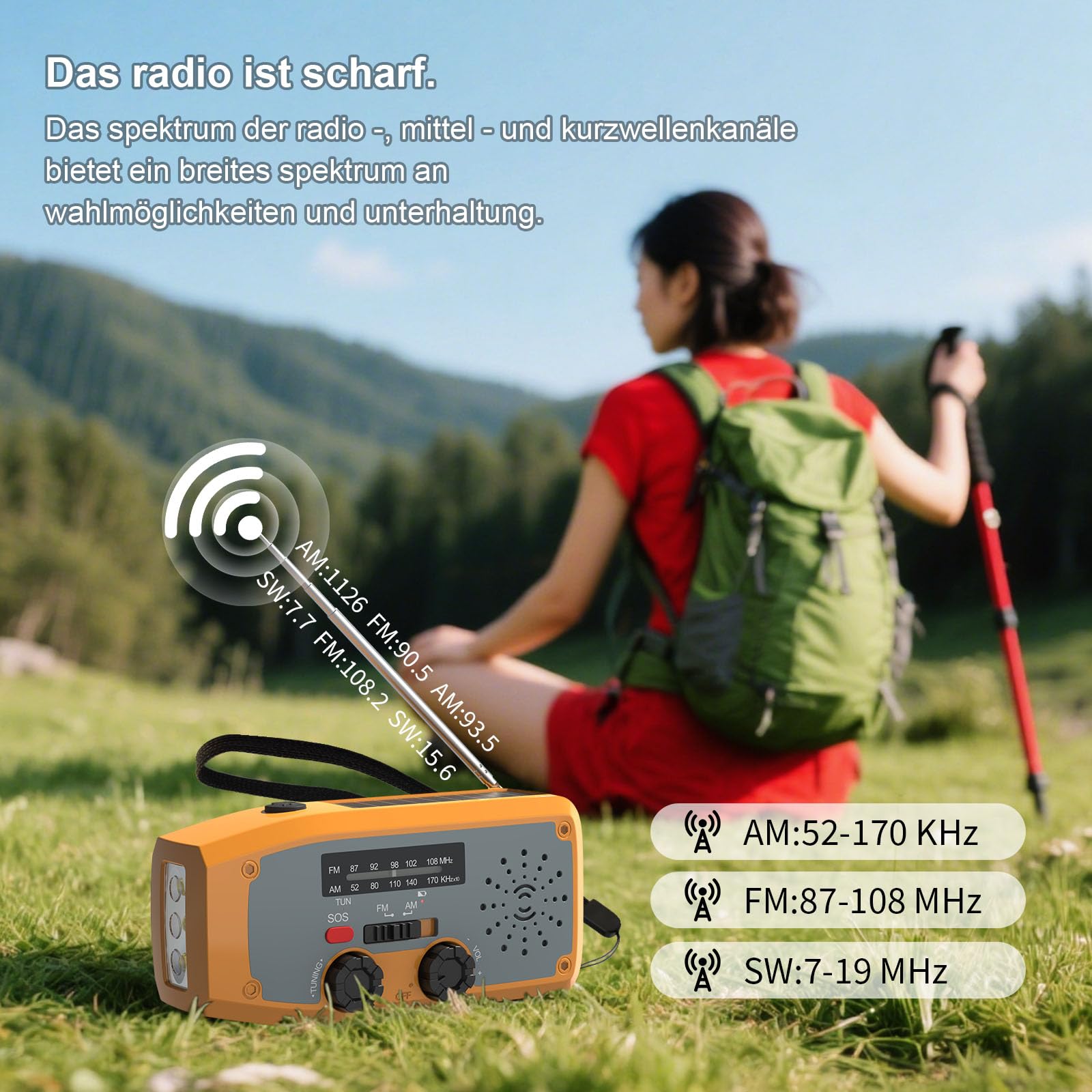 Radio a Manovella, Radio di Emergenza Solare con Torcia a LED, Allerta SOS, AM/FM Radio Solare con Power Bank da 2000 mAh per Campeggio Emergenze, Arancione
