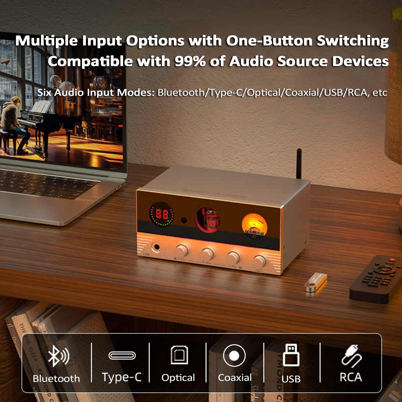 Amplificatore Audio HiFi, Amplificatore valvolare con VU Meter, Bluetooth 5.4 e Telecomando, 7 luci ambientali per Home Theater e diffusori passivi, ingressi ottici e coassiali. (Silver)