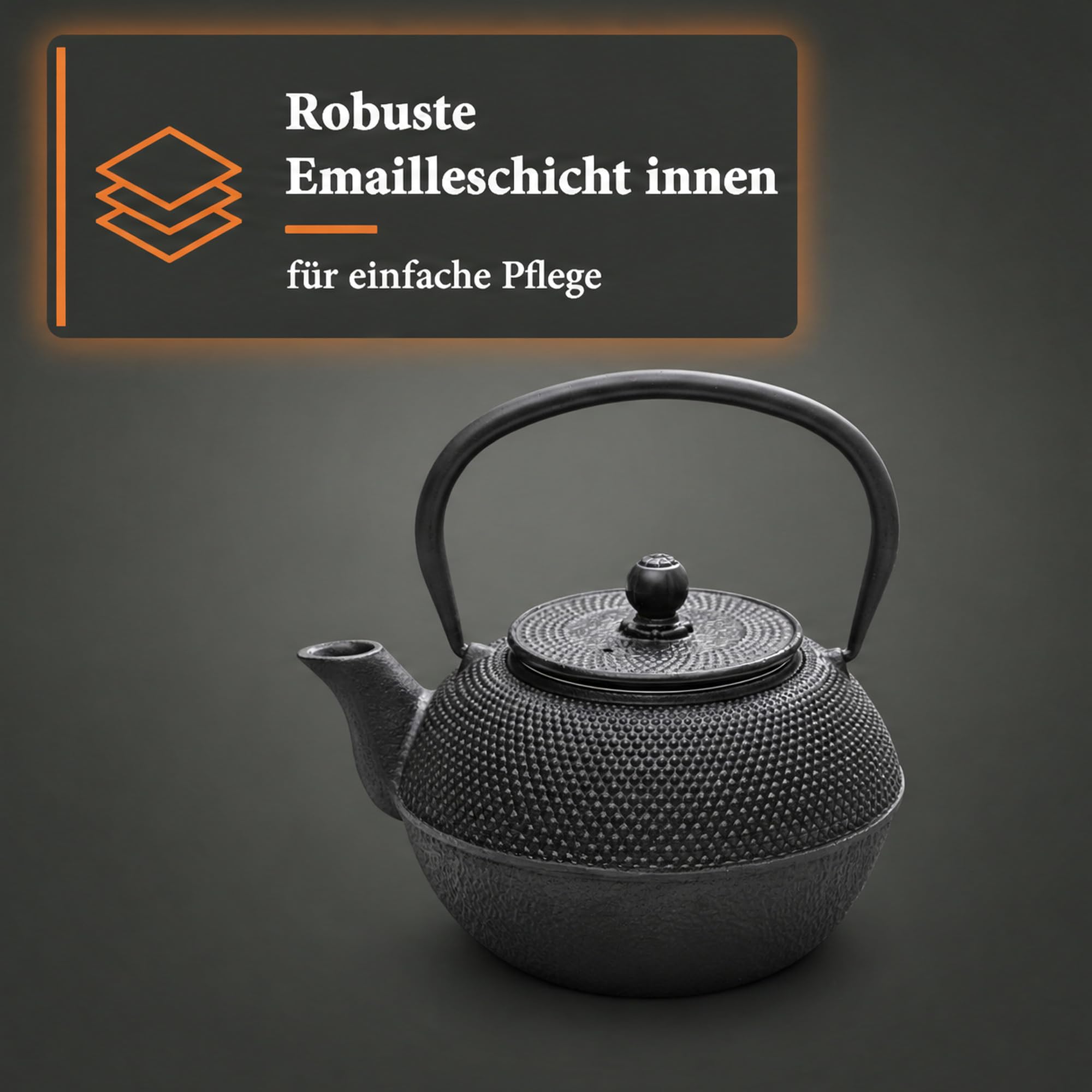 Torquato Teekanne Gusseisen Okagane 1,2 l, handgefertigt | emaillierte Innenseite, integrierter Edelstahlfilter, mattschwarz lackiert, Wärmespeicher