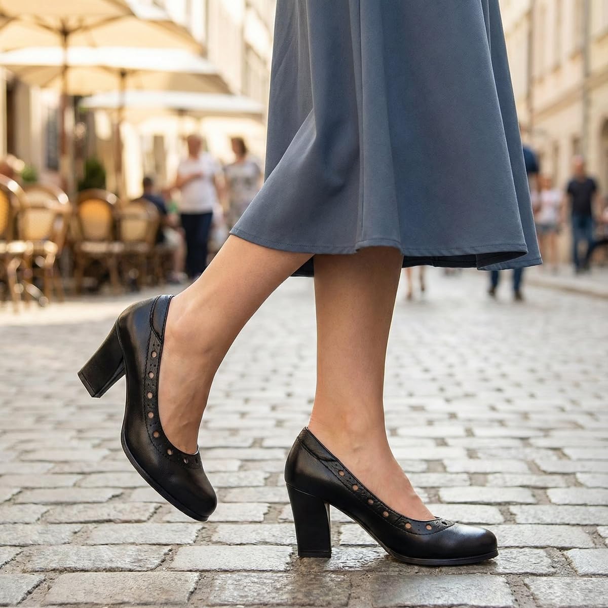 Mona flying Women's Leather Closed Round Toe 3 inch Chunky High Heel Pumps Office Work Dress Shoes for Ladies - Image 2