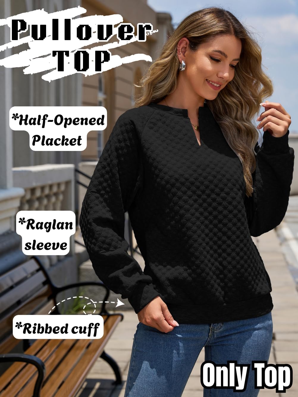Women Trendy Quilted Plain Sweatshirt, Raglan Long Sleeve Loose Lightweight Pullover Top, Casual Fashion Fall Outfits - Image 2