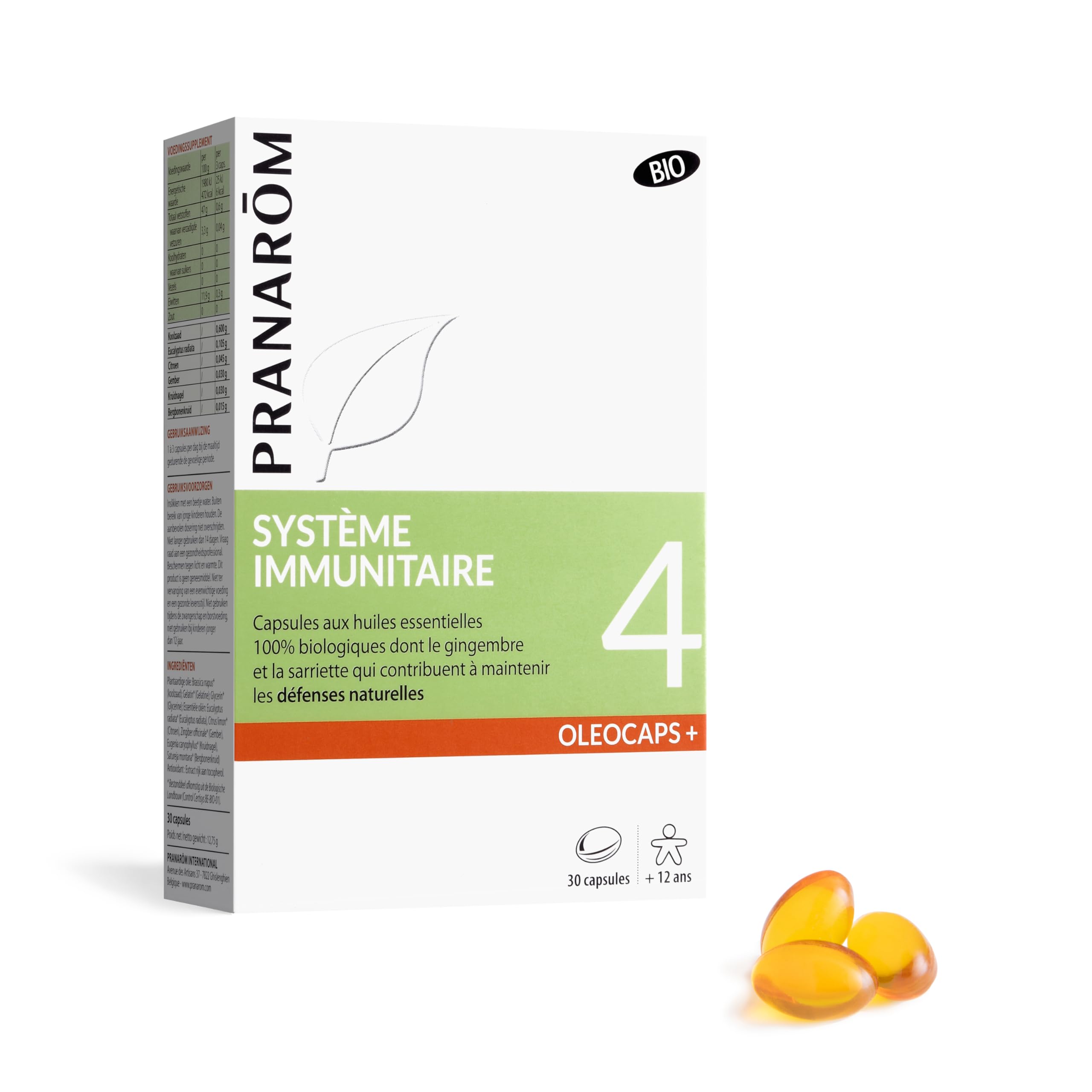PRANARÔM Oléocaps 4 - Système Immunitaire - Aux Huiles Essentielles Ciblées - Eucalyptus Radié, Citron, Gingembre, Giroflier & Sarriette - 100% Naturelle Et Bio - HECT - 30 Capsules Prédosées