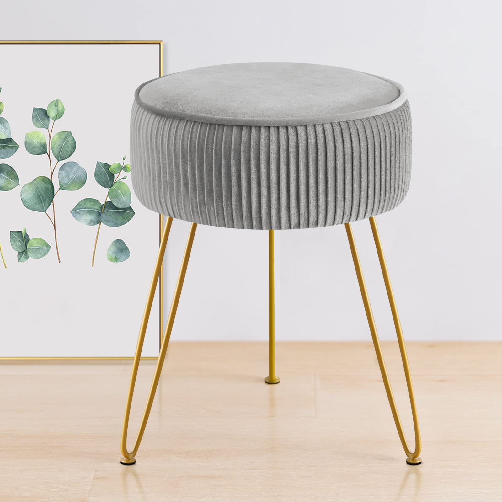 GERANT Multifunctional Vanity Stool,Modern Stools for Makeup Room,Velvet Round Ottoman Footrest Stool with Metal Legs, Upholstered Pleated Chair