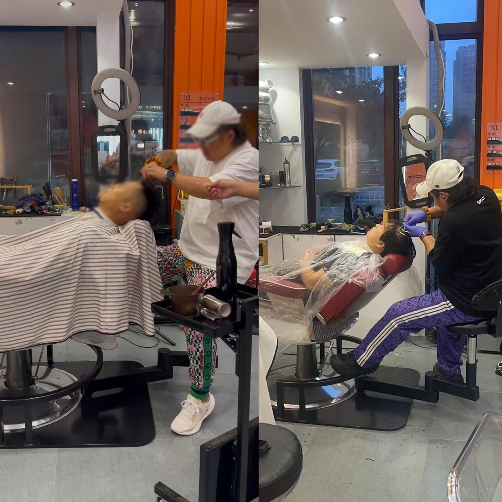 Professioneller 360° drehbarer Friseurstuhl, Drehstuhl für Friseursalon, Techniker, Sitz kann angehoben und angepasst werden, modernes Design, schwarzes Aussehen