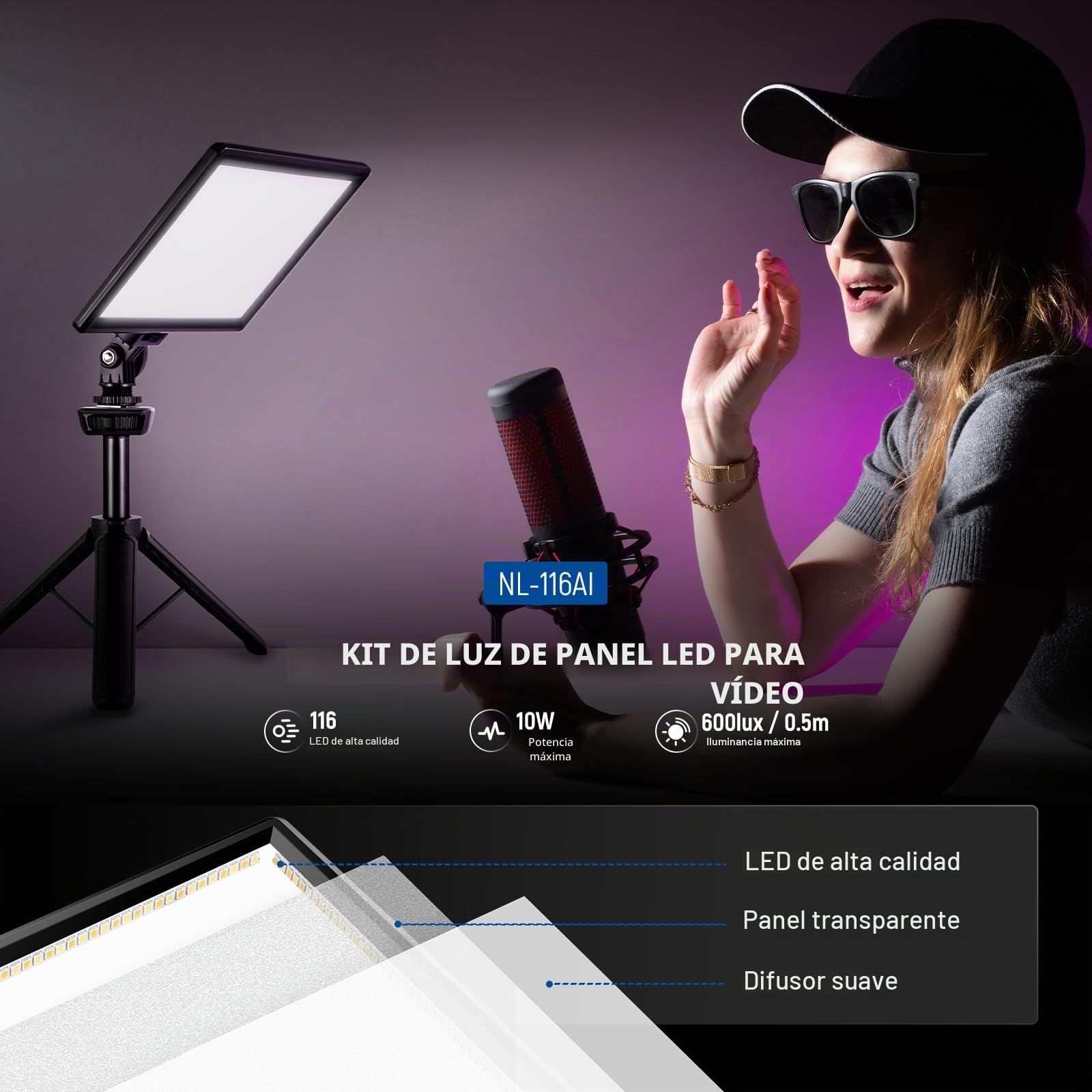 NEEWER Panel de luz LED de Video de 9 Pulgadas, cámara DSLR Regulable con Mini trípode, batería de 4000 mAh, Puertos USB Tipo C, 3200 K ~ 5600 K CRI95+ 600 Lux para fotografía, grabación de Video,