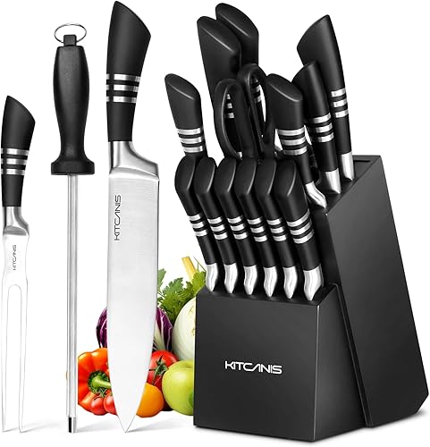 Juego de cuchillos con bloque de 17 piezas, juego de cuchillos de cocina con afilador, juego de cuchillos negros de acero inoxidable para cortar,