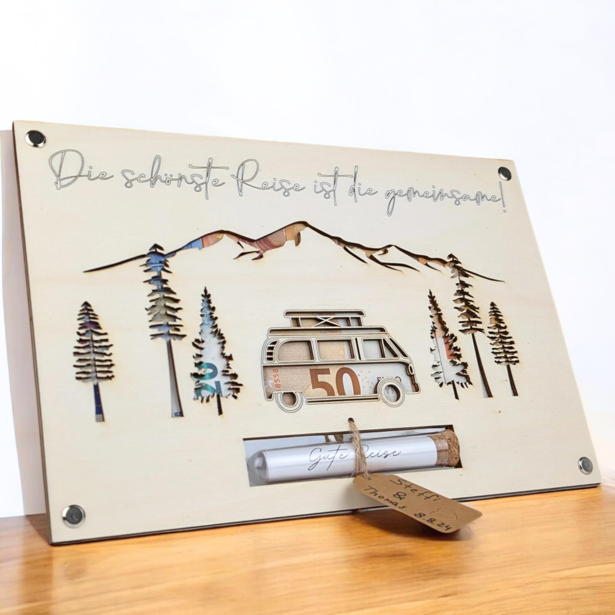 Geldgeschenk Hochzeit Camper aus Holz | Einzigartiges Hochzeitsgeschenk für Brautpaar | Paargeschenk | Hochzeits-Geldgeschenk | Flitterwochen-Geschenk