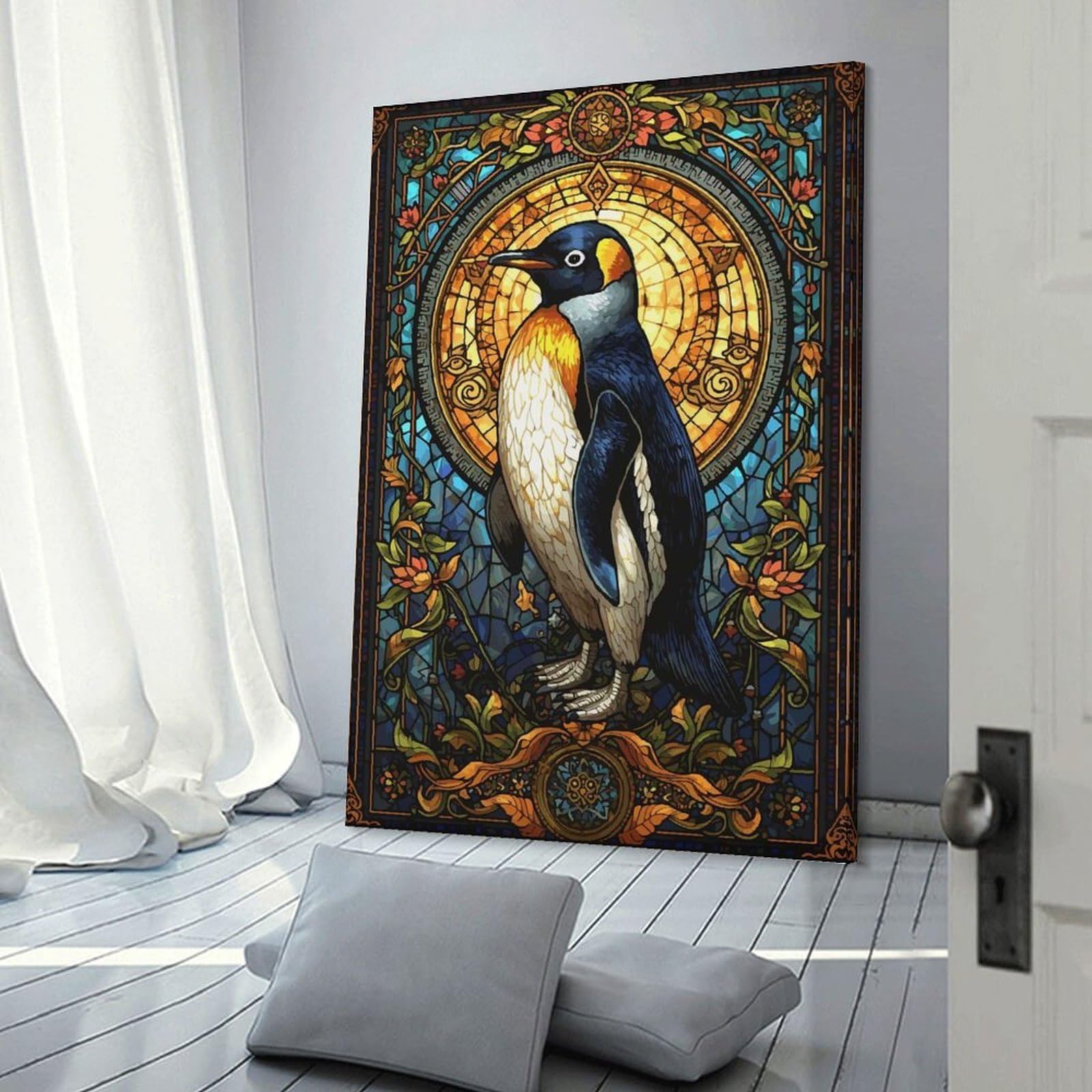 Junmoney Frame-Style-18 Decorative Wall Artwork Penguin Stained Glass Art, 08X12inch(20X30cm), For New Homes, Bedrooms Or Workspaces, Canvas Artwork With Gifting Potential