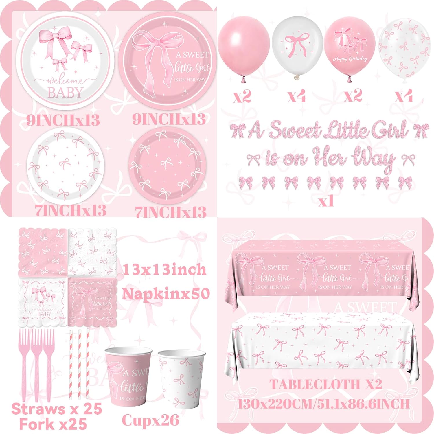 Pink Bow Baby Shower Decorations for Girl - Bow Party Tableware Include Plates,Napkins,Banner A Sweet Little Girl is on Her Way Decorations for Welcome Baby Girl,Bow Coquette Birthday Party Serve 25