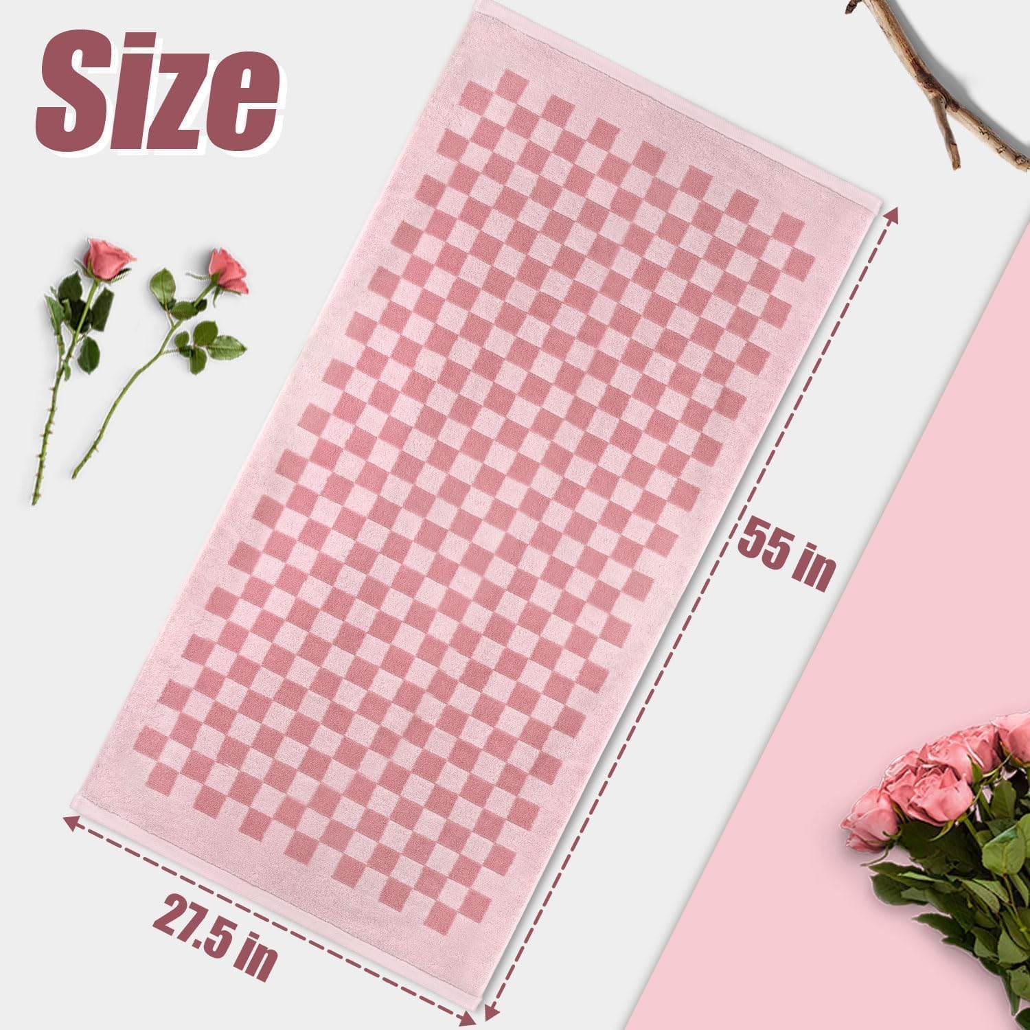 Jacquotha Lot de 2 Serviettes de Bain Douces en Coton à séchage Rapide pour Salle de Bain, Plage, Piscine (Carreaux Roses), Mignonnes et Amusantes pour Femmes, Filles, 69,9 x 140,7 cm